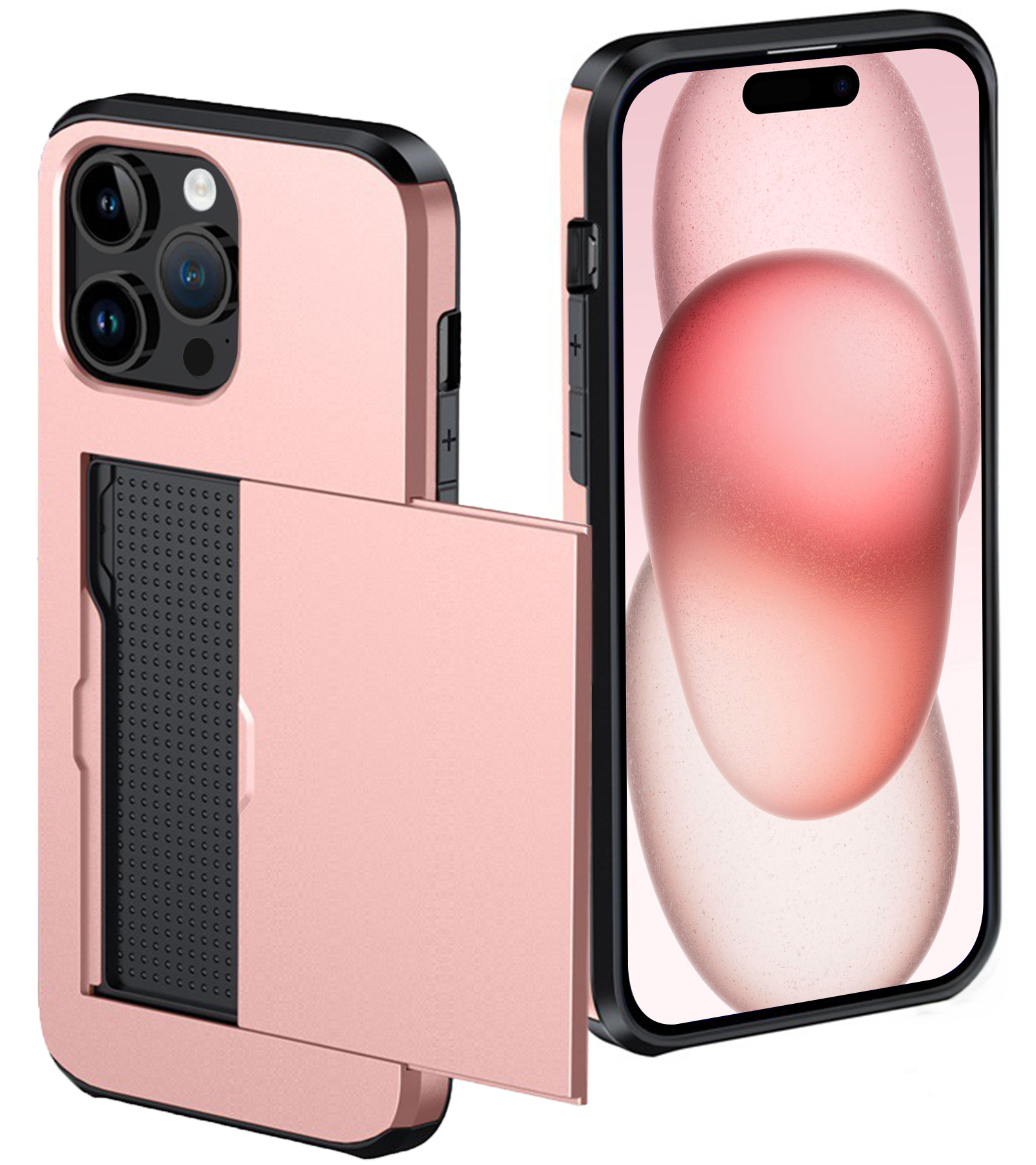 NoXx Hoes Geschikt voor iPhone 15 Pro Max Hoesje Pasjeshouder Hard Cover Shock Proof Hard Case Hoes Met Kaarthouder - Rosé Goud
