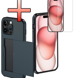 NoXx NoXx iPhone 15 Pro Max Hoesje Pashouder Hard Met Screenprotector - Donker Blauw