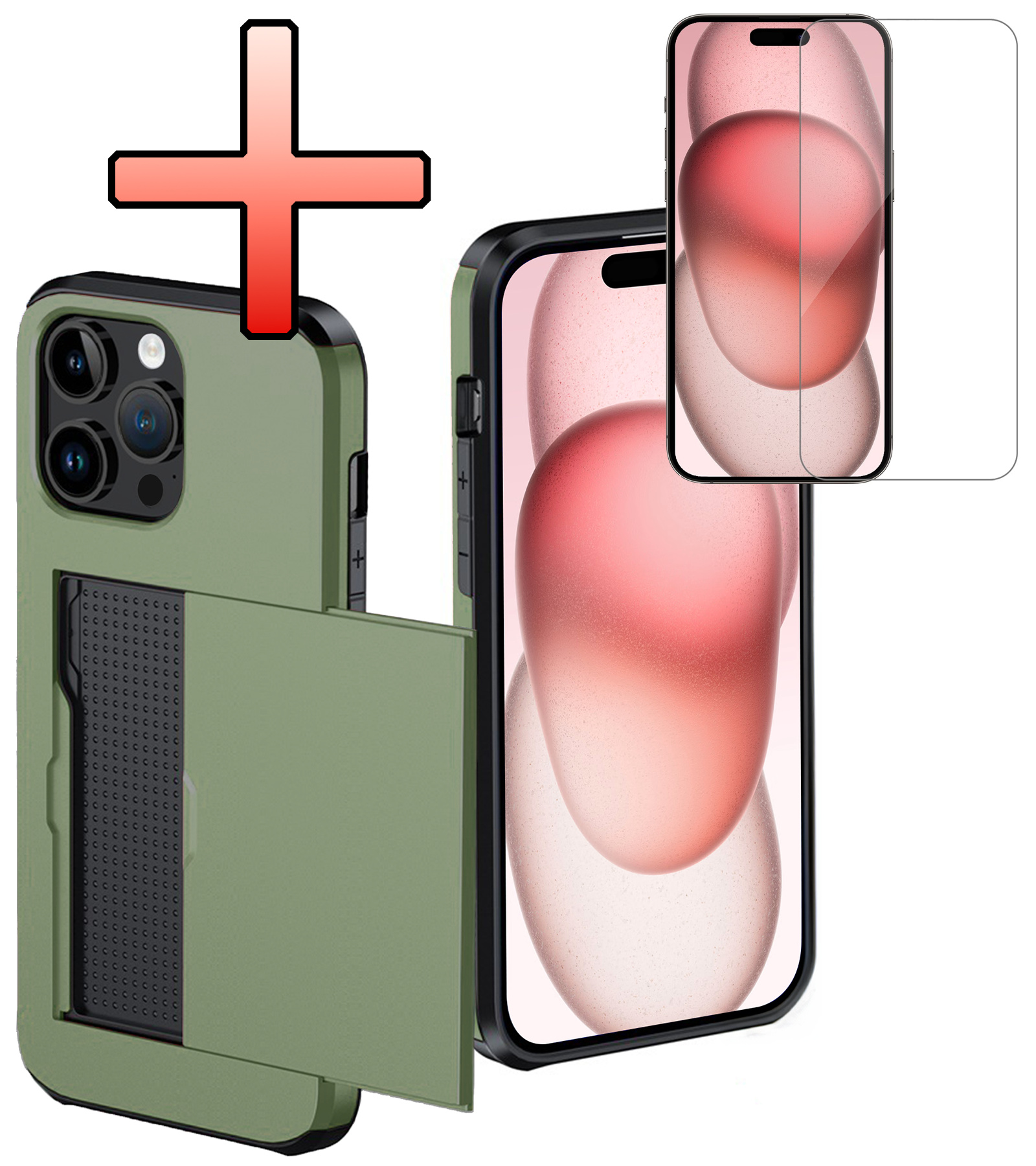 NoXx Hoes Geschikt voor iPhone 15 Pro Max Hoesje Pasjeshouder Hard Cover Met Screenprotector Shock Proof Hard Case Hoes Met Kaarthouder - Donker Groen