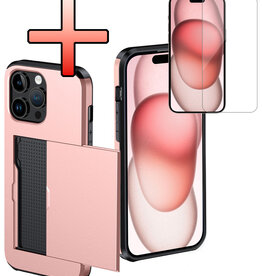 NoXx NoXx iPhone 15 Pro Max Hoesje Pashouder Hard Met Screenprotector - Rosé Goud