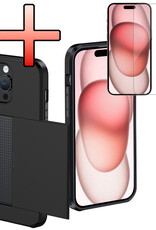 NoXx Hoes Geschikt voor iPhone 15 Pro Max Hoesje Pasjeshouder Hard Cover Met Screenprotector Shock Proof Hard Case Hoes Met Kaarthouder - Zwart
