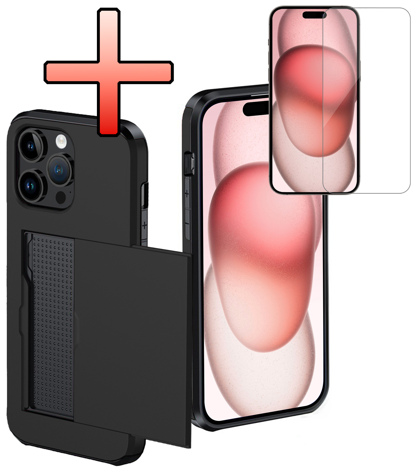 NoXx Hoes Geschikt voor iPhone 15 Pro Max Hoesje Pasjeshouder Hard Cover Met Screenprotector Shock Proof Hard Case Hoes Met Kaarthouder - Zwart