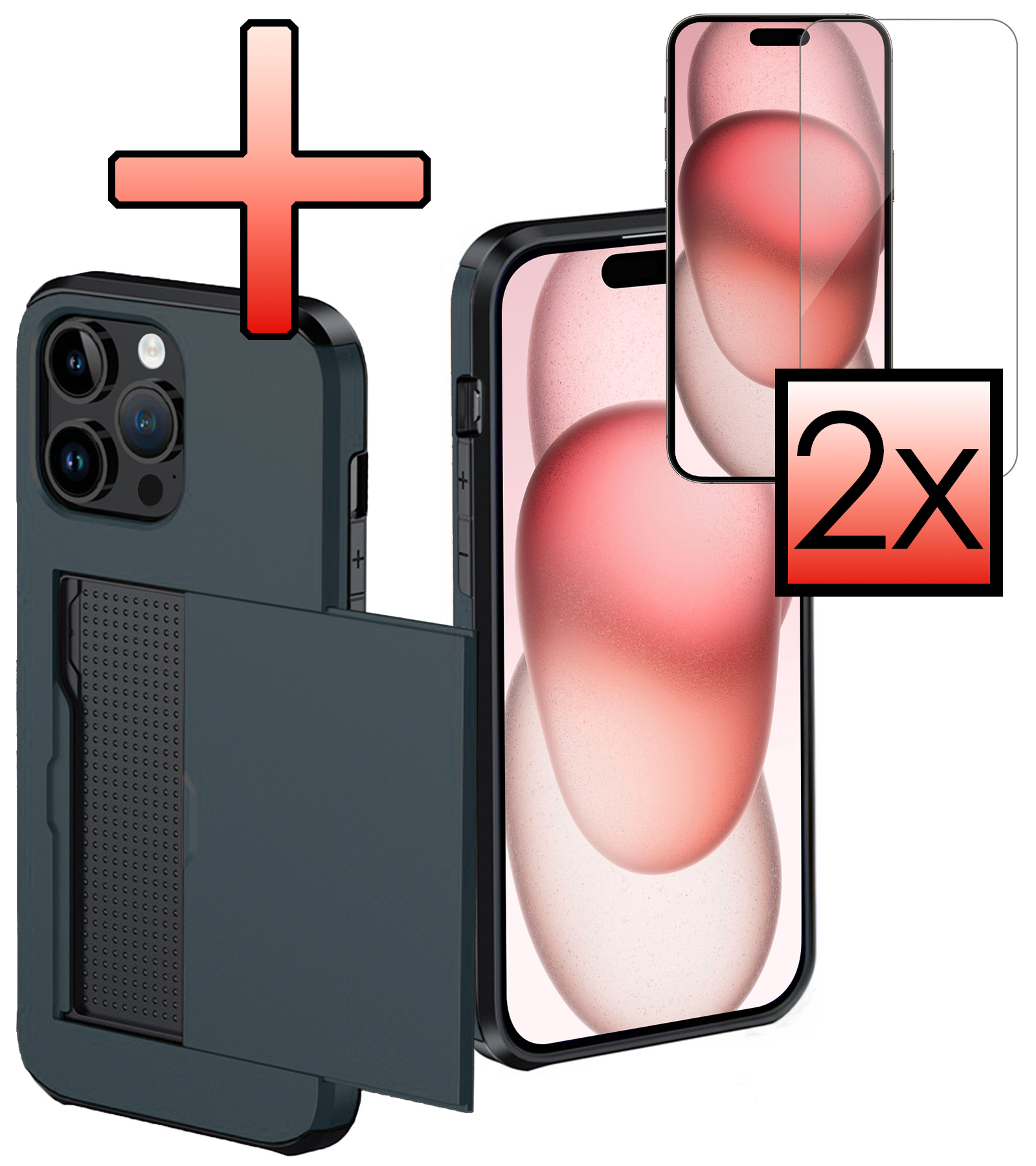 NoXx Hoes Geschikt voor iPhone 15 Pro Max Hoesje Pasjeshouder Hard Cover Met 2x Screenprotector Shock Proof Hard Case Hoes Met Kaarthouder - Donker Blauw