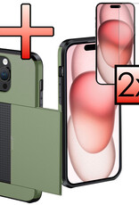 NoXx Hoes Geschikt voor iPhone 15 Pro Max Hoesje Pasjeshouder Hard Cover Met 2x Screenprotector Shock Proof Hard Case Hoes Met Kaarthouder - Donker Groen