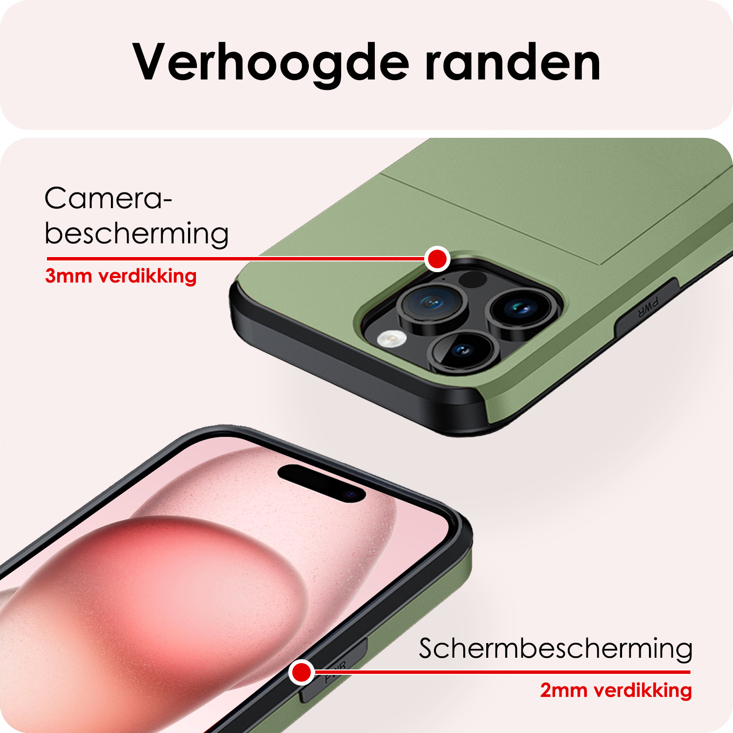 NoXx Hoes Geschikt voor iPhone 15 Pro Max Hoesje Pasjeshouder Hard Cover Met 2x Screenprotector Shock Proof Hard Case Hoes Met Kaarthouder - Donker Groen