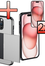 NoXx Hoes Geschikt voor iPhone 15 Pro Max Hoesje Pasjeshouder Hard Cover Met 2x Screenprotector Shock Proof Hard Case Hoes Met Kaarthouder - Grijs