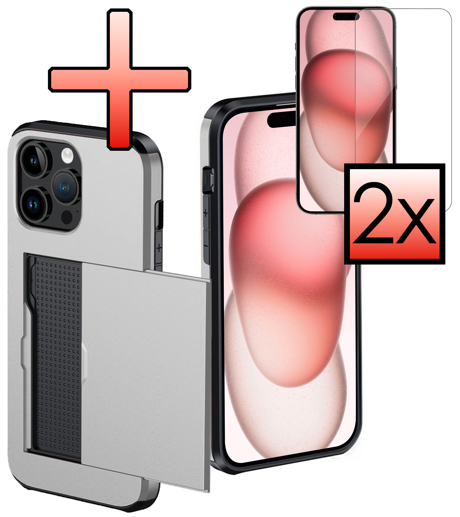 NoXx Hoes Geschikt voor iPhone 15 Pro Max Hoesje Pasjeshouder Hard Cover Met 2x Screenprotector Shock Proof Hard Case Hoes Met Kaarthouder - Grijs