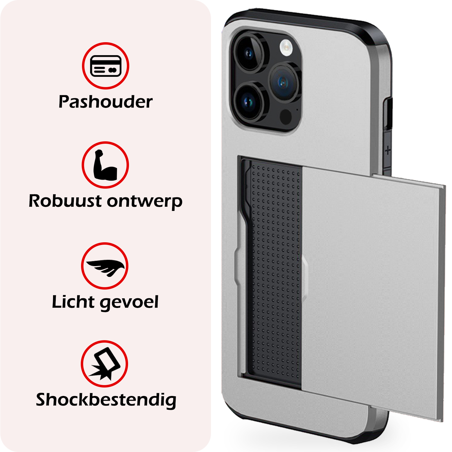 NoXx Hoes Geschikt voor iPhone 15 Pro Max Hoesje Pasjeshouder Hard Cover Met 2x Screenprotector Shock Proof Hard Case Hoes Met Kaarthouder - Grijs