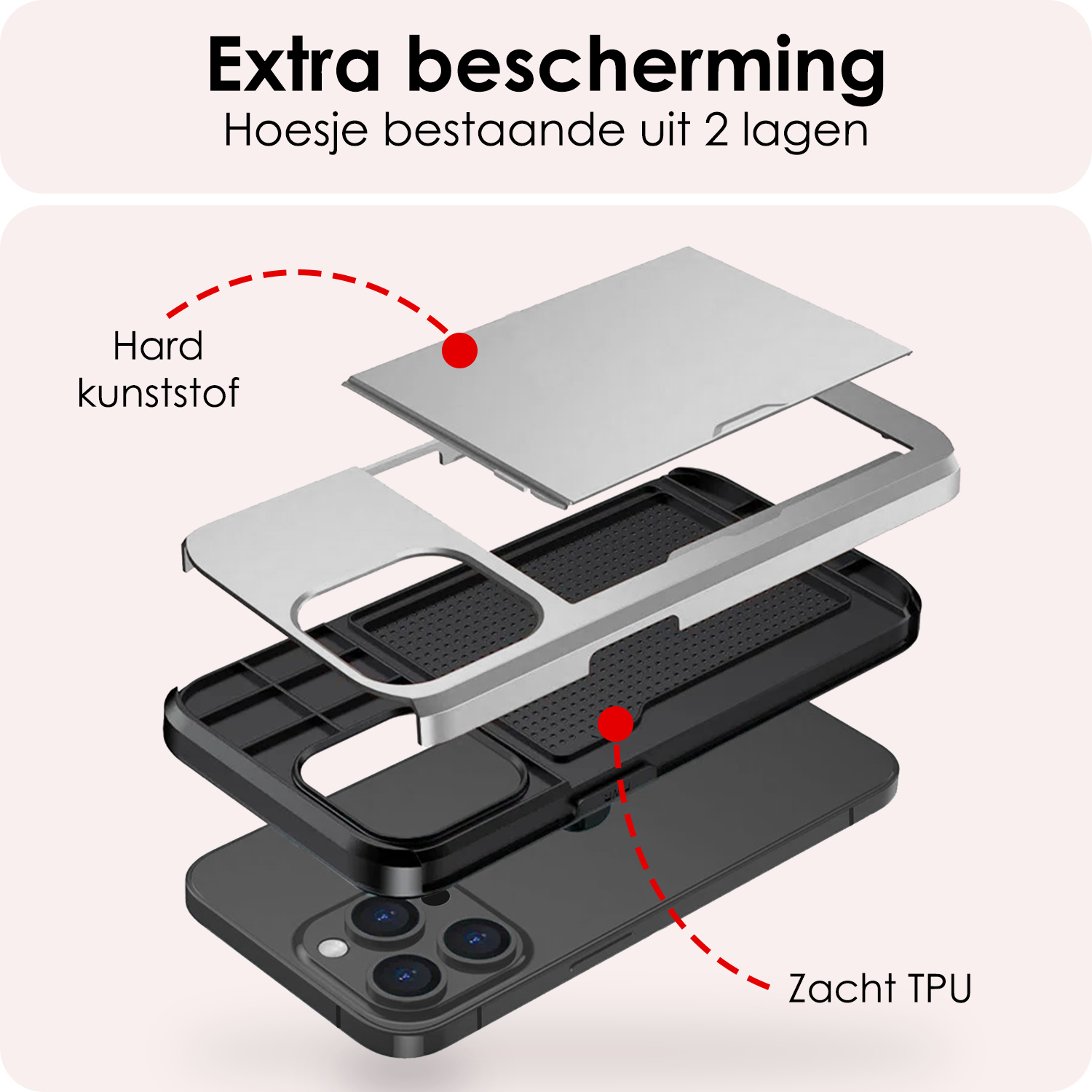 NoXx Hoes Geschikt voor iPhone 15 Pro Max Hoesje Pasjeshouder Hard Cover Met 2x Screenprotector Shock Proof Hard Case Hoes Met Kaarthouder - Grijs