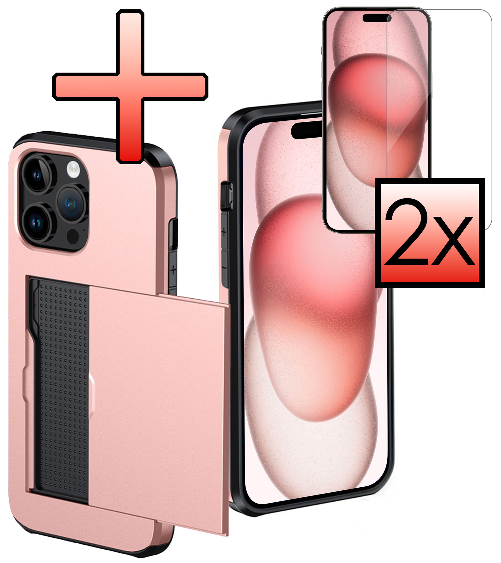 NoXx Hoes Geschikt voor iPhone 15 Pro Max Hoesje Pasjeshouder Hard Cover Met 2x Screenprotector Shock Proof Hard Case Hoes Met Kaarthouder - Rosé Goud