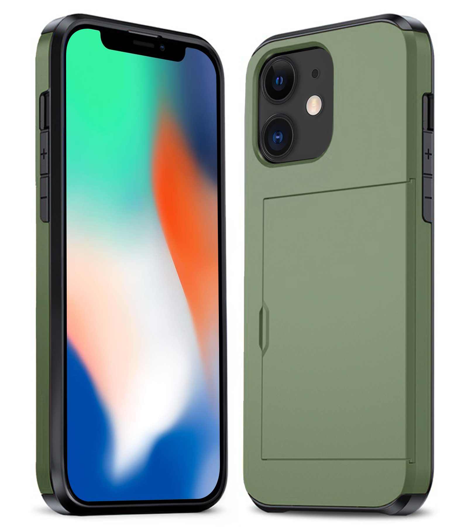 Nomfy Hoesje Geschikt voor iPhone 11 Hoesje Pasjeshouder Shockproof Hard Case - Hoesje Geschikt voor iPhone 11 Hoes Met Kaarthouder - Donker Groen