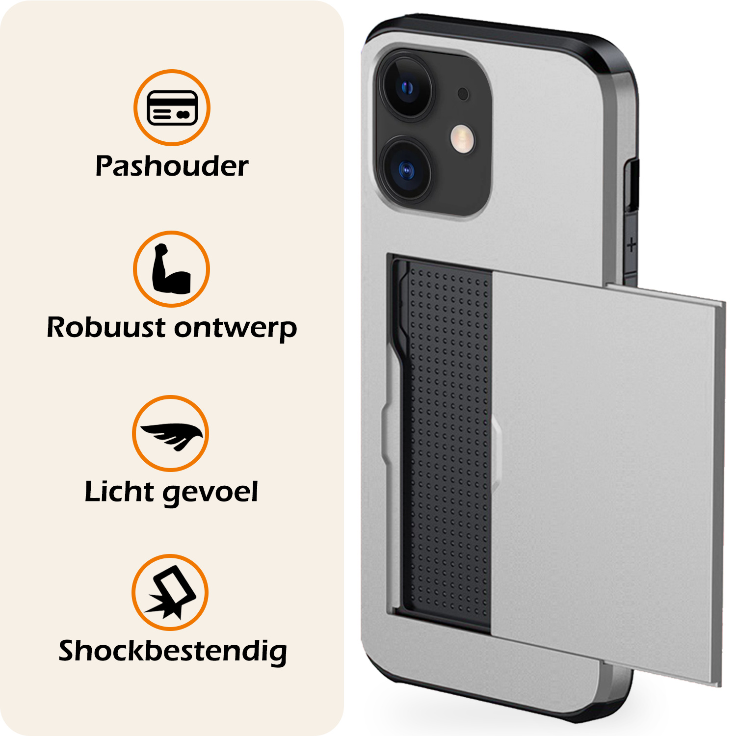 Nomfy Hoesje Geschikt voor iPhone 11 Hoesje Pasjeshouder Shockproof Hard Case - Hoesje Geschikt voor iPhone 11 Hoes Met Kaarthouder - Grijs