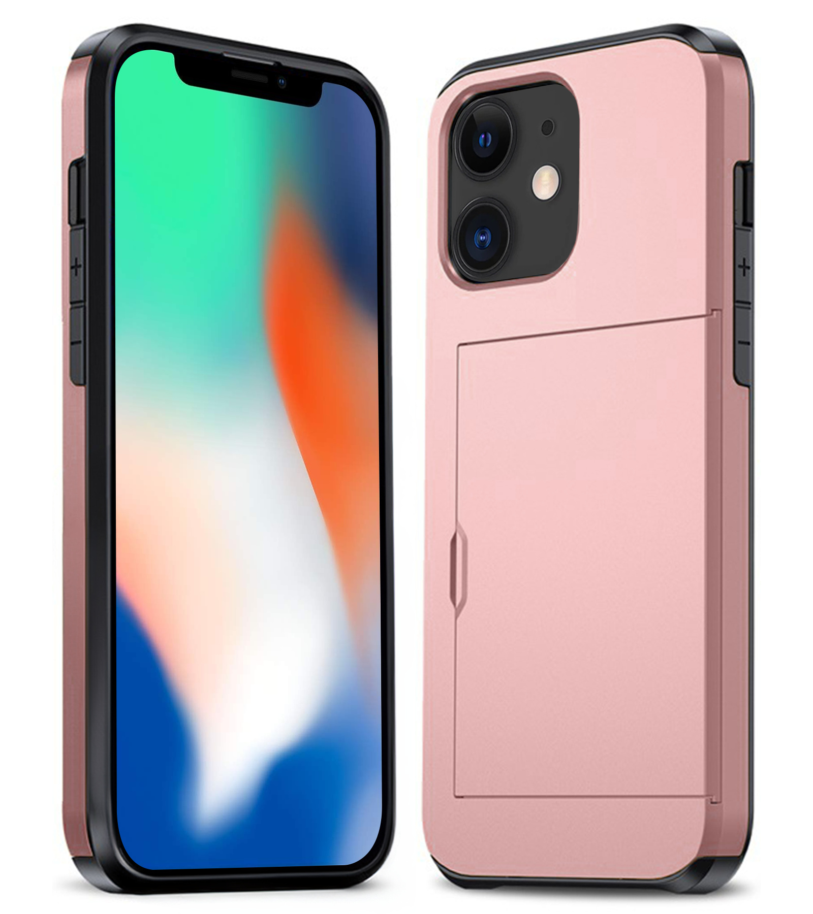 Nomfy Hoesje Geschikt voor iPhone 11 Hoesje Pasjeshouder Shockproof Hard Case - Hoesje Geschikt voor iPhone 11 Hoes Met Kaarthouder - Rosé Goud