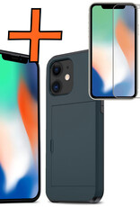 Nomfy Hoesje Geschikt voor iPhone 11 Hoesje Pasjeshouder Shockproof Hard Case Met Screenprotector - Hoesje Geschikt voor iPhone 11 Hoes Met Kaarthouder - Donker Blauw