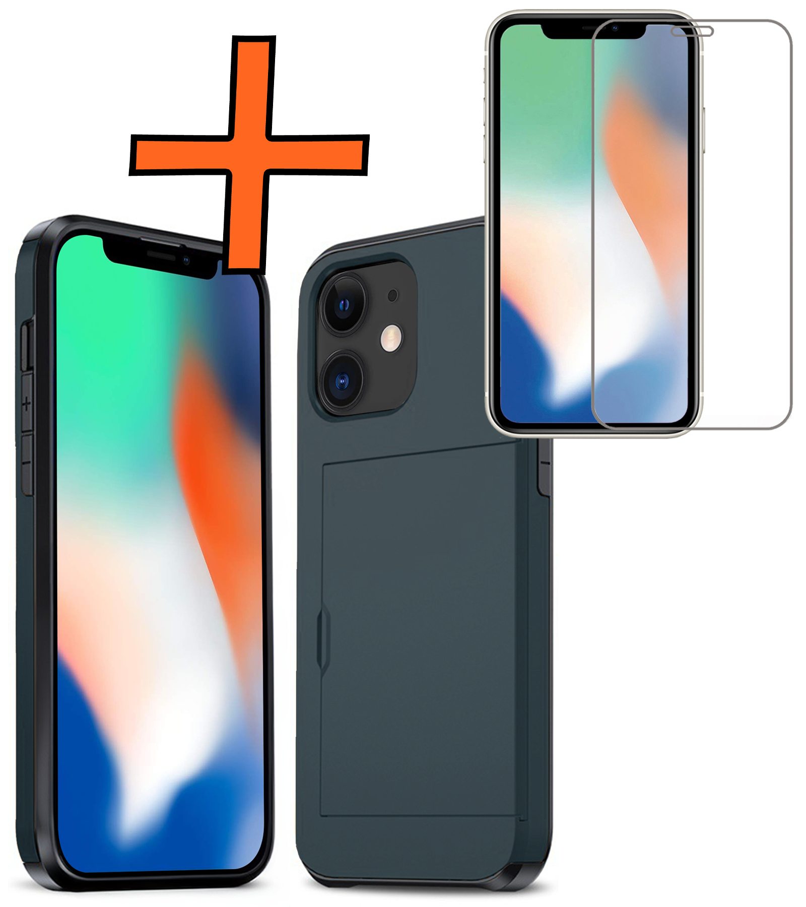 Nomfy Hoesje Geschikt voor iPhone 11 Hoesje Pasjeshouder Shockproof Hard Case Met Screenprotector - Hoesje Geschikt voor iPhone 11 Hoes Met Kaarthouder - Donker Blauw