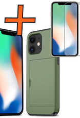 Nomfy Hoesje Geschikt voor iPhone 11 Hoesje Pasjeshouder Shockproof Hard Case Met Screenprotector - Hoesje Geschikt voor iPhone 11 Hoes Met Kaarthouder - Donker Groen