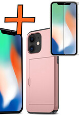Nomfy Hoesje Geschikt voor iPhone 11 Hoesje Pasjeshouder Shockproof Hard Case Met Screenprotector - Hoesje Geschikt voor iPhone 11 Hoes Met Kaarthouder - Rosé Goud