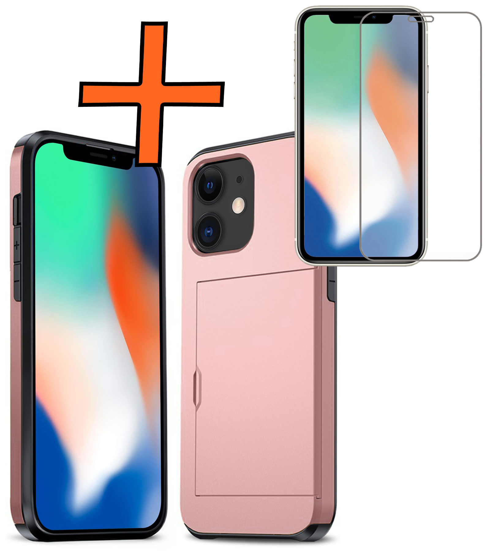 Nomfy Hoesje Geschikt voor iPhone 11 Hoesje Pasjeshouder Shockproof Hard Case Met Screenprotector - Hoesje Geschikt voor iPhone 11 Hoes Met Kaarthouder - Rosé Goud