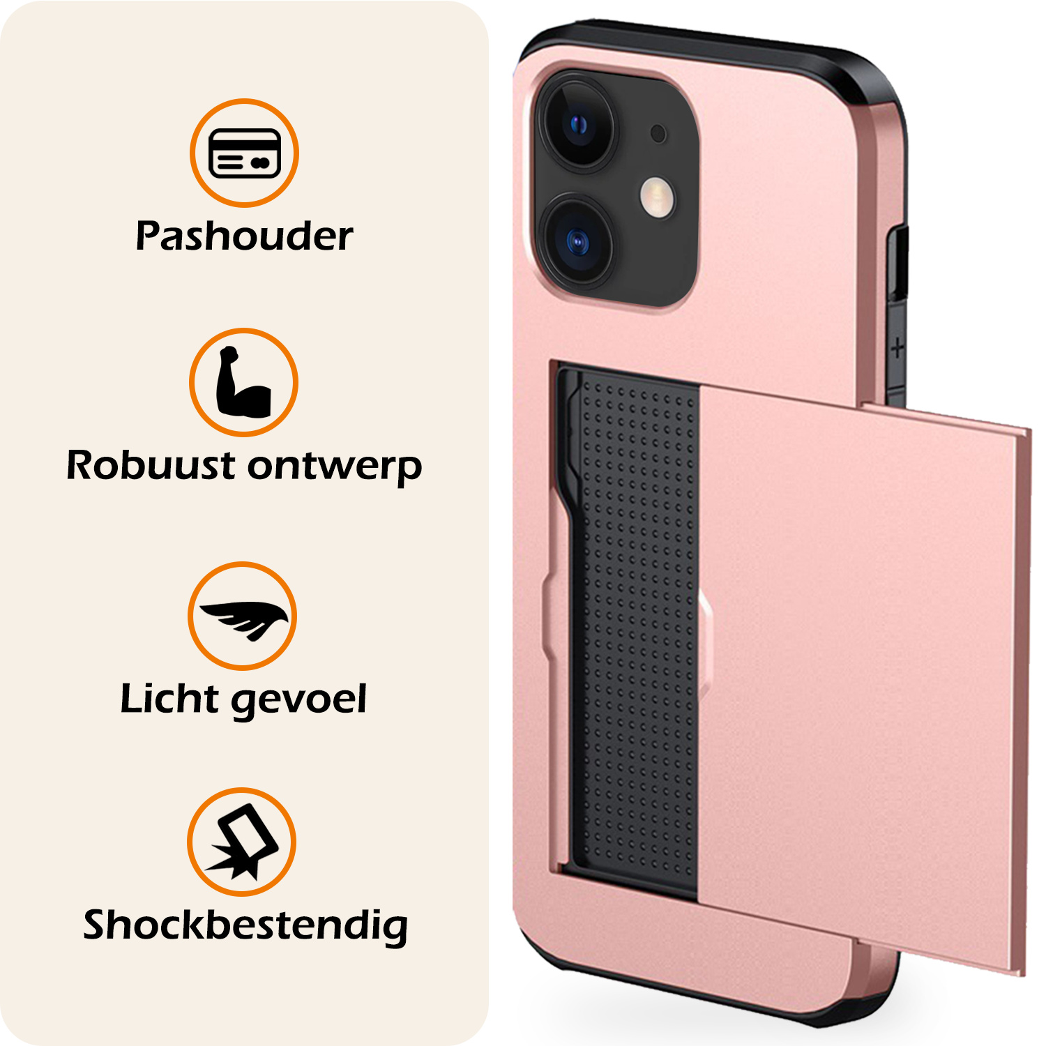 Nomfy Hoesje Geschikt voor iPhone 11 Hoesje Pasjeshouder Shockproof Hard Case Met Screenprotector - Hoesje Geschikt voor iPhone 11 Hoes Met Kaarthouder - Rosé Goud