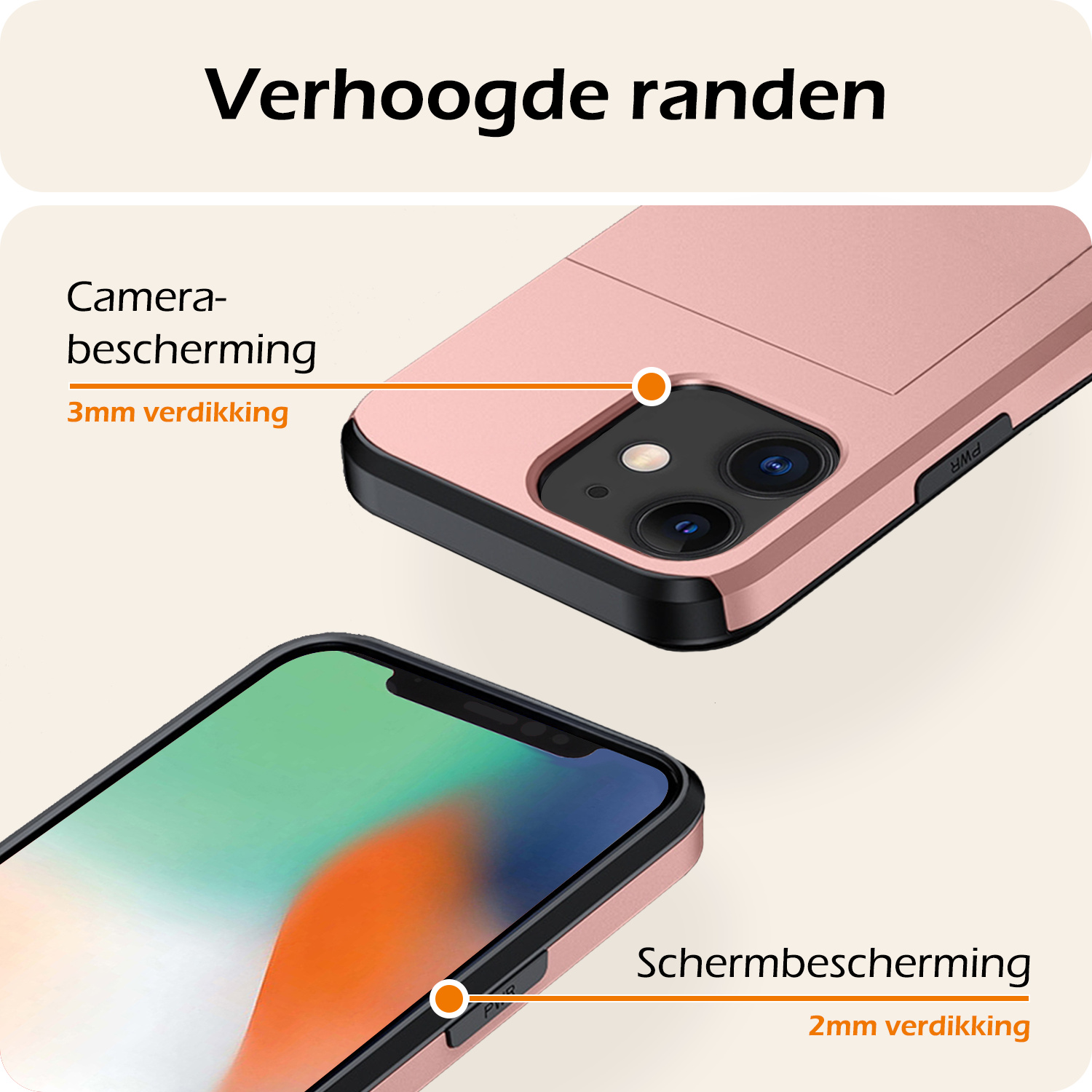 Nomfy Hoesje Geschikt voor iPhone 11 Hoesje Pasjeshouder Shockproof Hard Case Met Screenprotector - Hoesje Geschikt voor iPhone 11 Hoes Met Kaarthouder - Rosé Goud