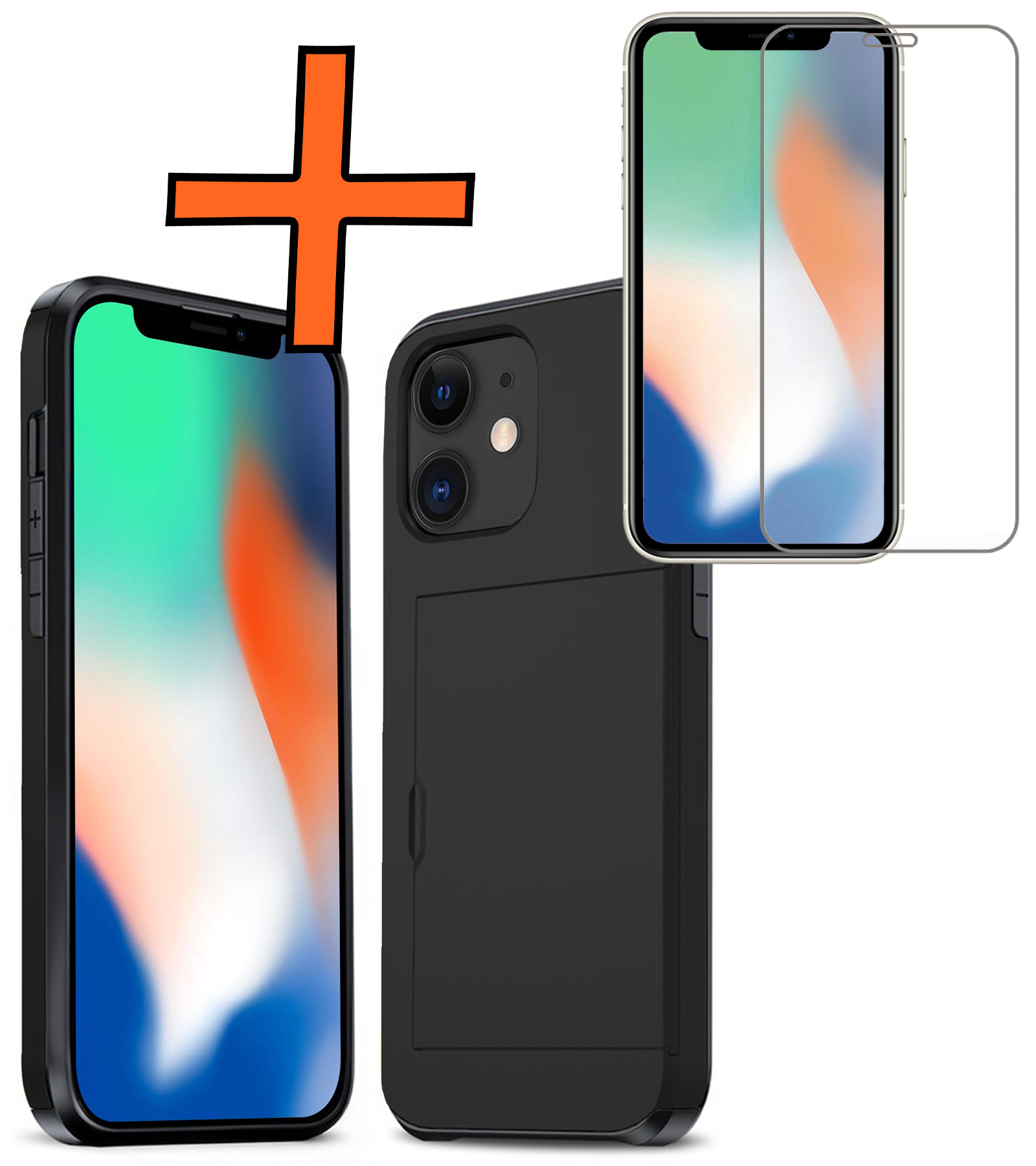 Nomfy Hoesje Geschikt voor iPhone 11 Hoesje Pasjeshouder Shockproof Hard Case Met Screenprotector - Hoesje Geschikt voor iPhone 11 Hoes Met Kaarthouder - Zwart