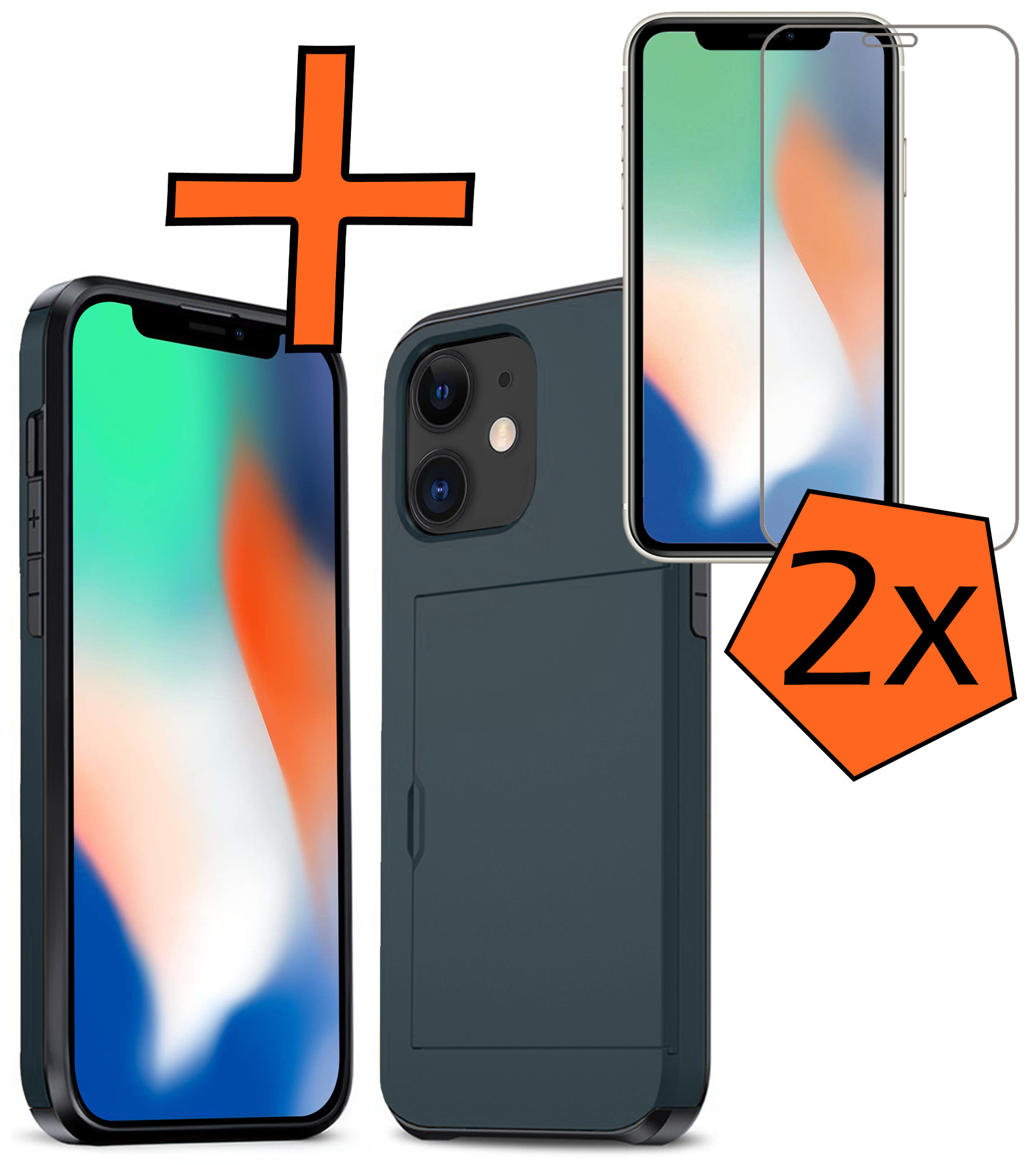 Nomfy Hoesje Geschikt voor iPhone 11 Hoesje Pasjeshouder Shockproof Hard Case Met 2x Screenprotector - Hoesje Geschikt voor iPhone 11 Hoes Met Kaarthouder - Donker Blauw