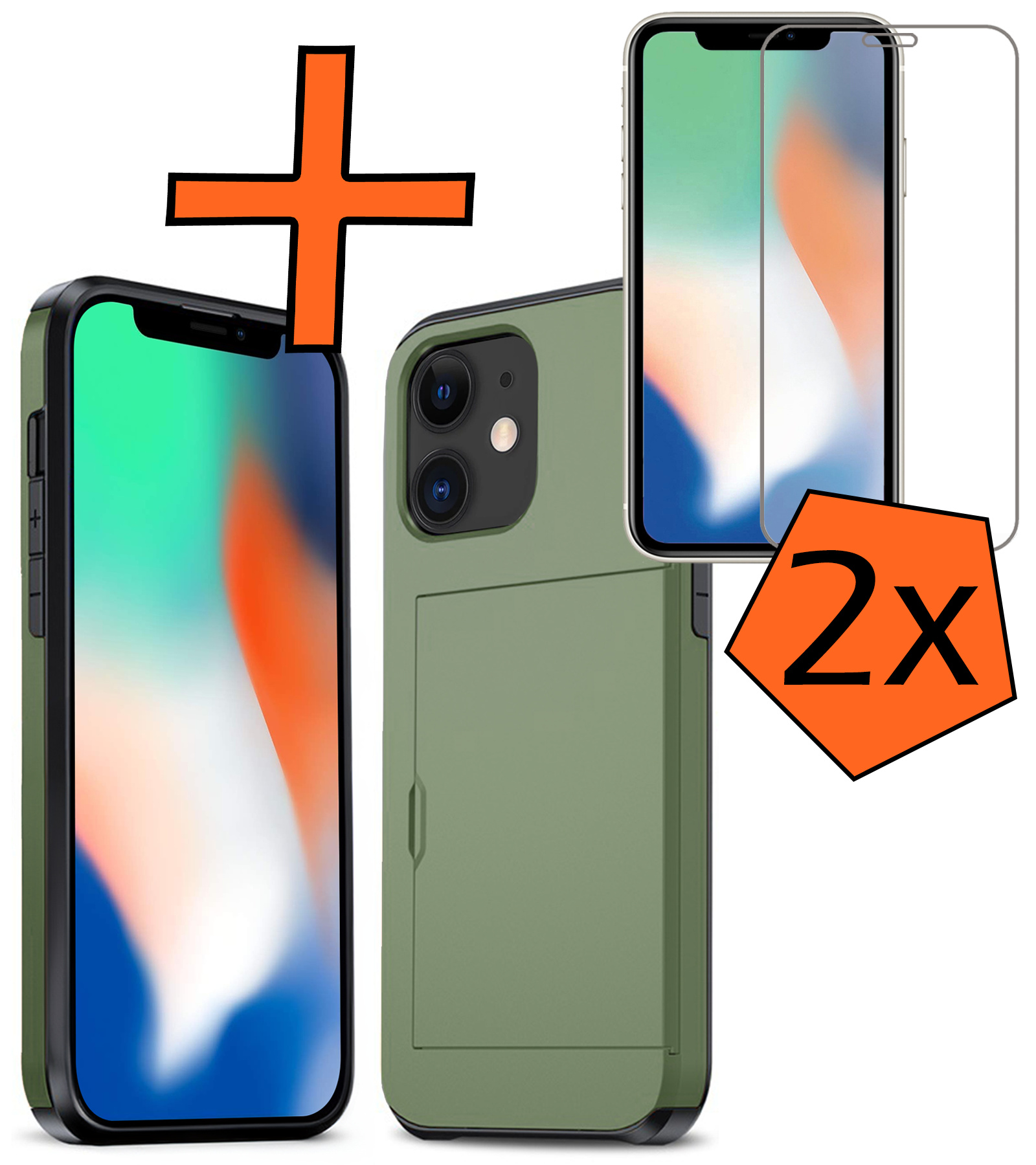 Nomfy Hoesje Geschikt voor iPhone 11 Hoesje Pasjeshouder Shockproof Hard Case Met 2x Screenprotector - Hoesje Geschikt voor iPhone 11 Hoes Met Kaarthouder - Donker Groen