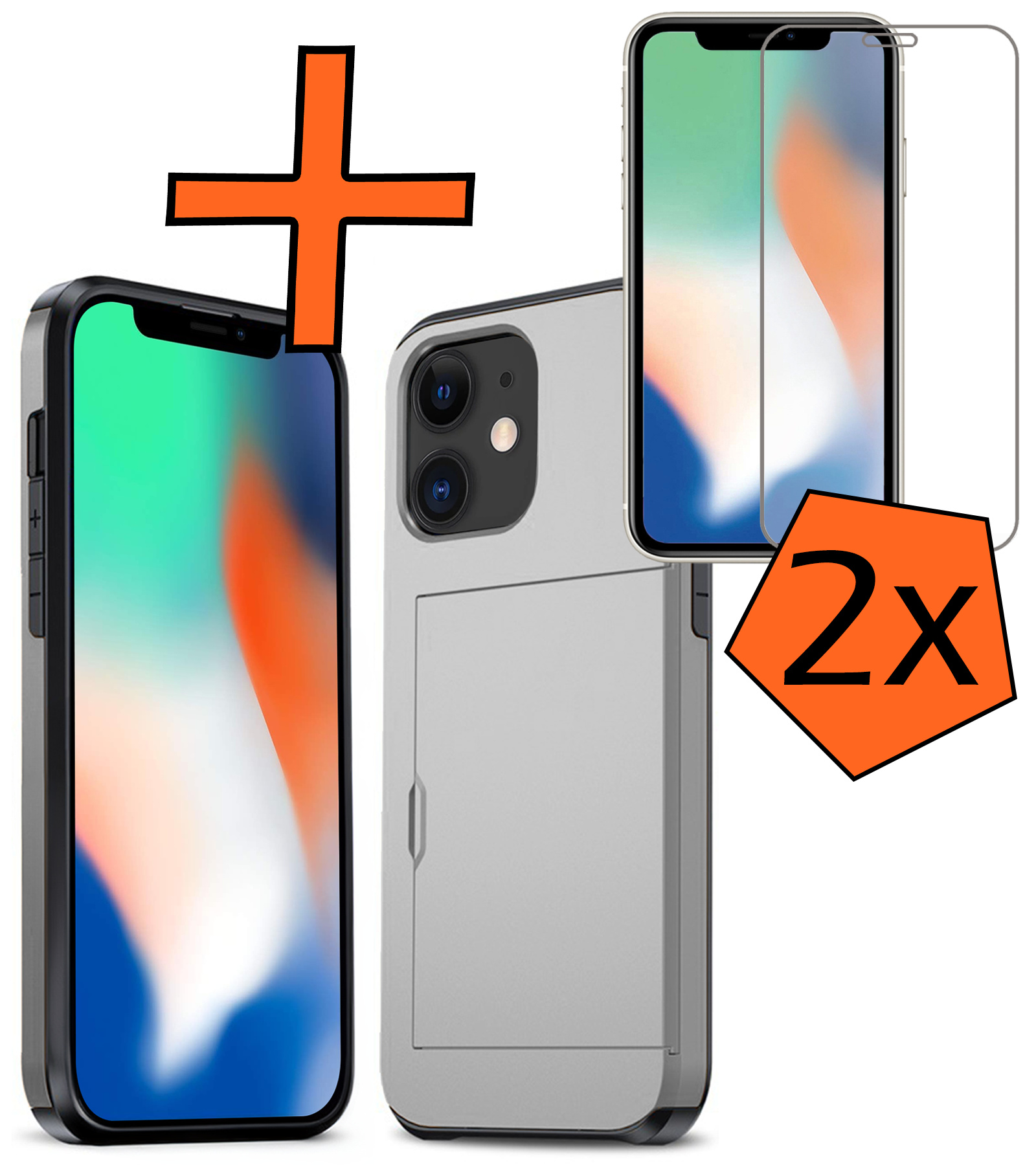Nomfy Hoesje Geschikt voor iPhone 11 Hoesje Pasjeshouder Shockproof Hard Case Met 2x Screenprotector - Hoesje Geschikt voor iPhone 11 Hoes Met Kaarthouder - Grijs