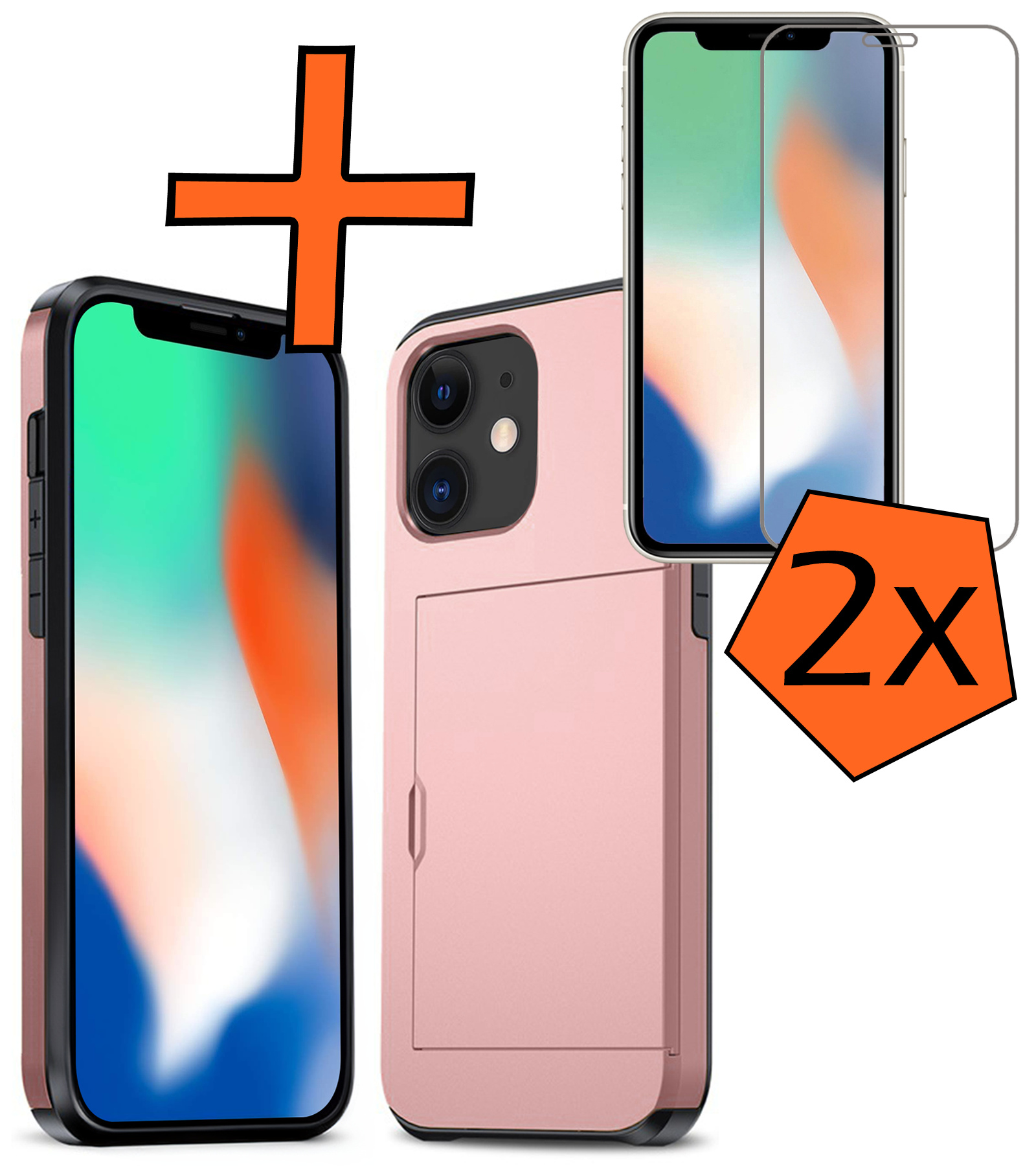 Nomfy Hoesje Geschikt voor iPhone 11 Hoesje Pasjeshouder Shockproof Hard Case Met 2x Screenprotector - Hoesje Geschikt voor iPhone 11 Hoes Met Kaarthouder - Rosé Goud