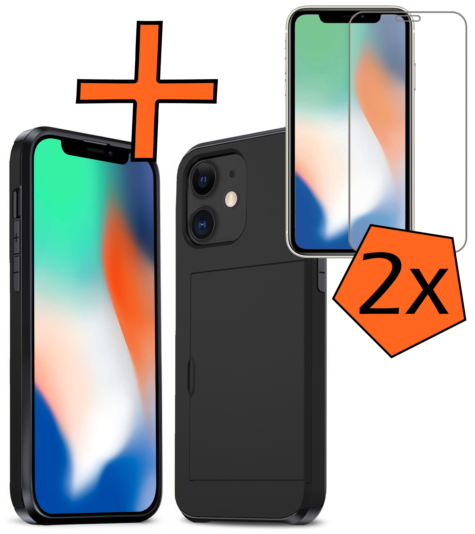 Nomfy Hoesje Geschikt voor iPhone 11 Hoesje Pasjeshouder Shockproof Hard Case Met 2x Screenprotector - Hoesje Geschikt voor iPhone 11 Hoes Met Kaarthouder - Zwart