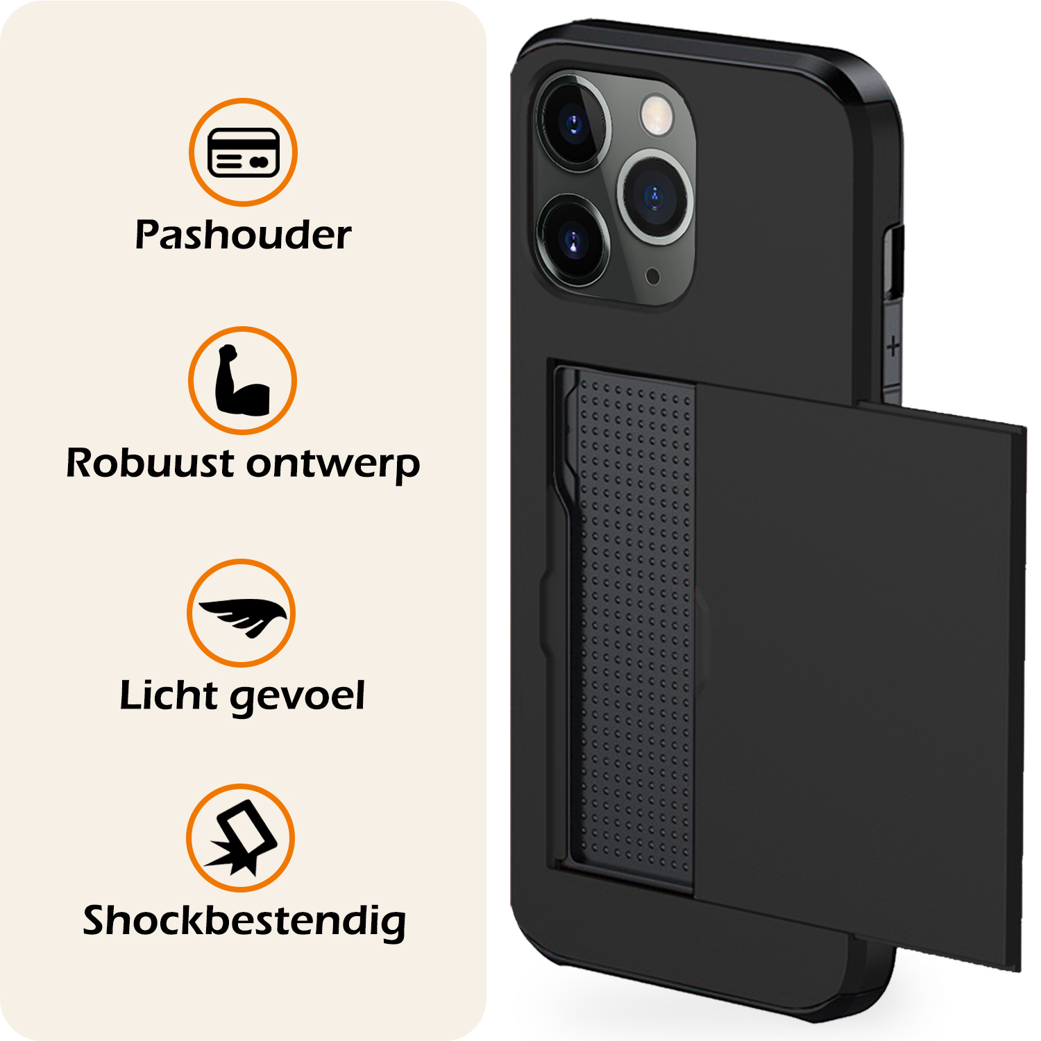 Nomfy Hoesje Geschikt voor iPhone 11 Pro Hoesje Pasjeshouder Shockproof Hard Case - Hoesje Geschikt voor iPhone 11 Pro Hoes Met Kaarthouder - Zwart