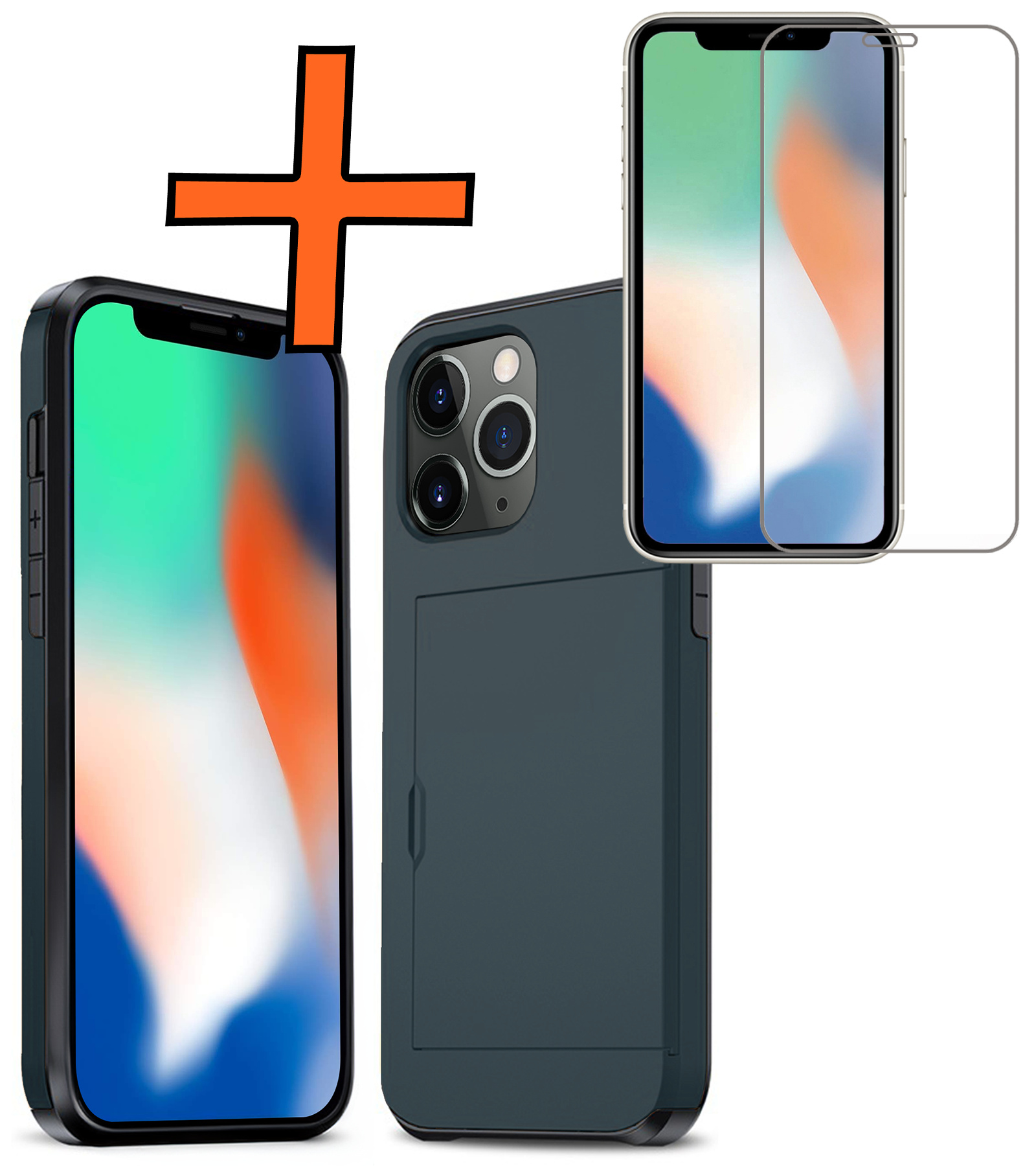 Nomfy Hoesje Geschikt voor iPhone 11 Pro Hoesje Pasjeshouder Shockproof Hard Case Met Screenprotector - Hoesje Geschikt voor iPhone 11 Pro Hoes Met Kaarthouder - Donker Blauw