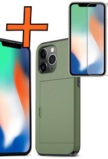 Nomfy Hoesje Geschikt voor iPhone 11 Pro Hoesje Pasjeshouder Shockproof Hard Case Met Screenprotector - Hoesje Geschikt voor iPhone 11 Pro Hoes Met Kaarthouder - Donker Groen