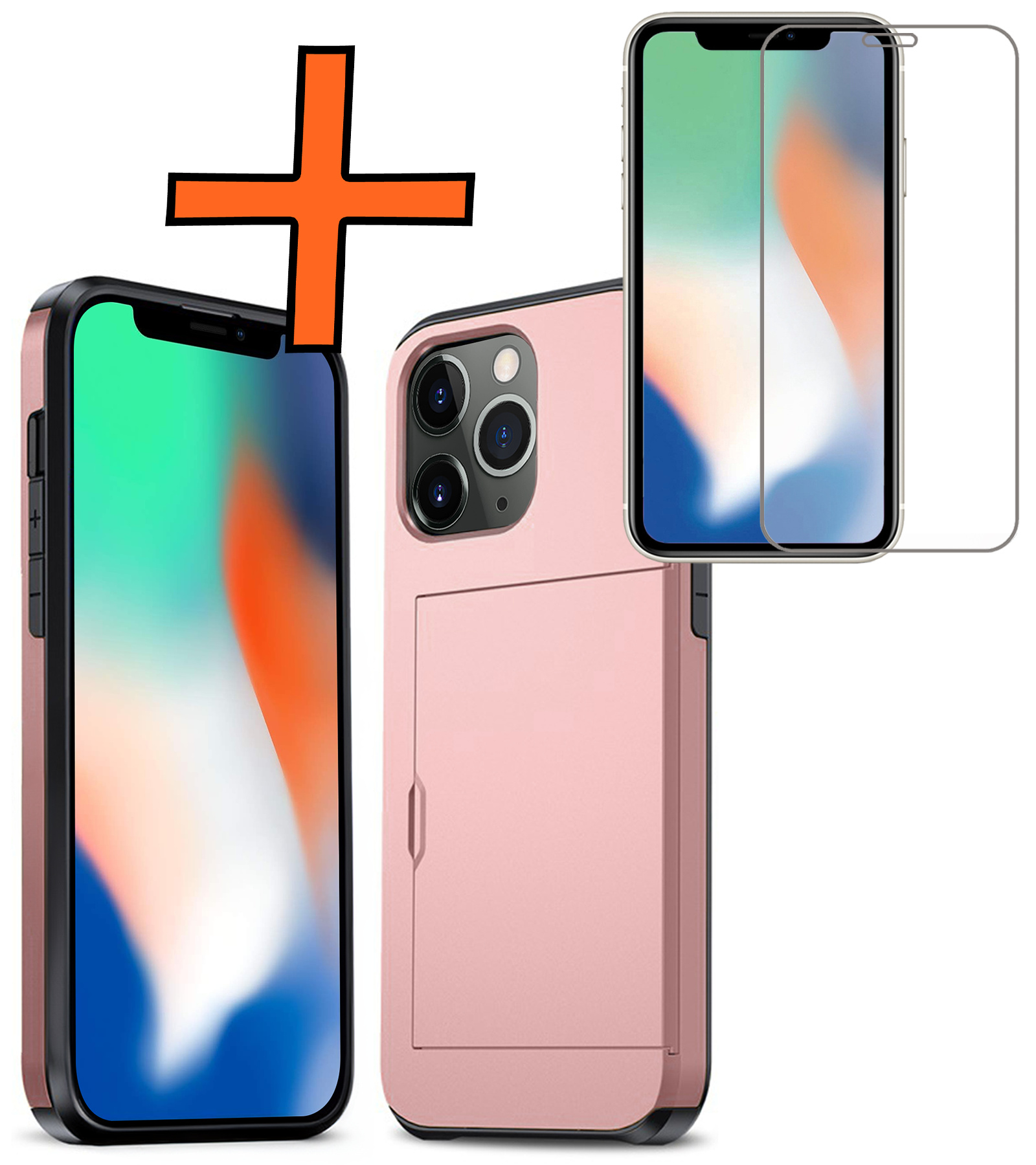 Nomfy Hoesje Geschikt voor iPhone 11 Pro Hoesje Pasjeshouder Shockproof Hard Case Met Screenprotector - Hoesje Geschikt voor iPhone 11 Pro Hoes Met Kaarthouder - Rosé Goud