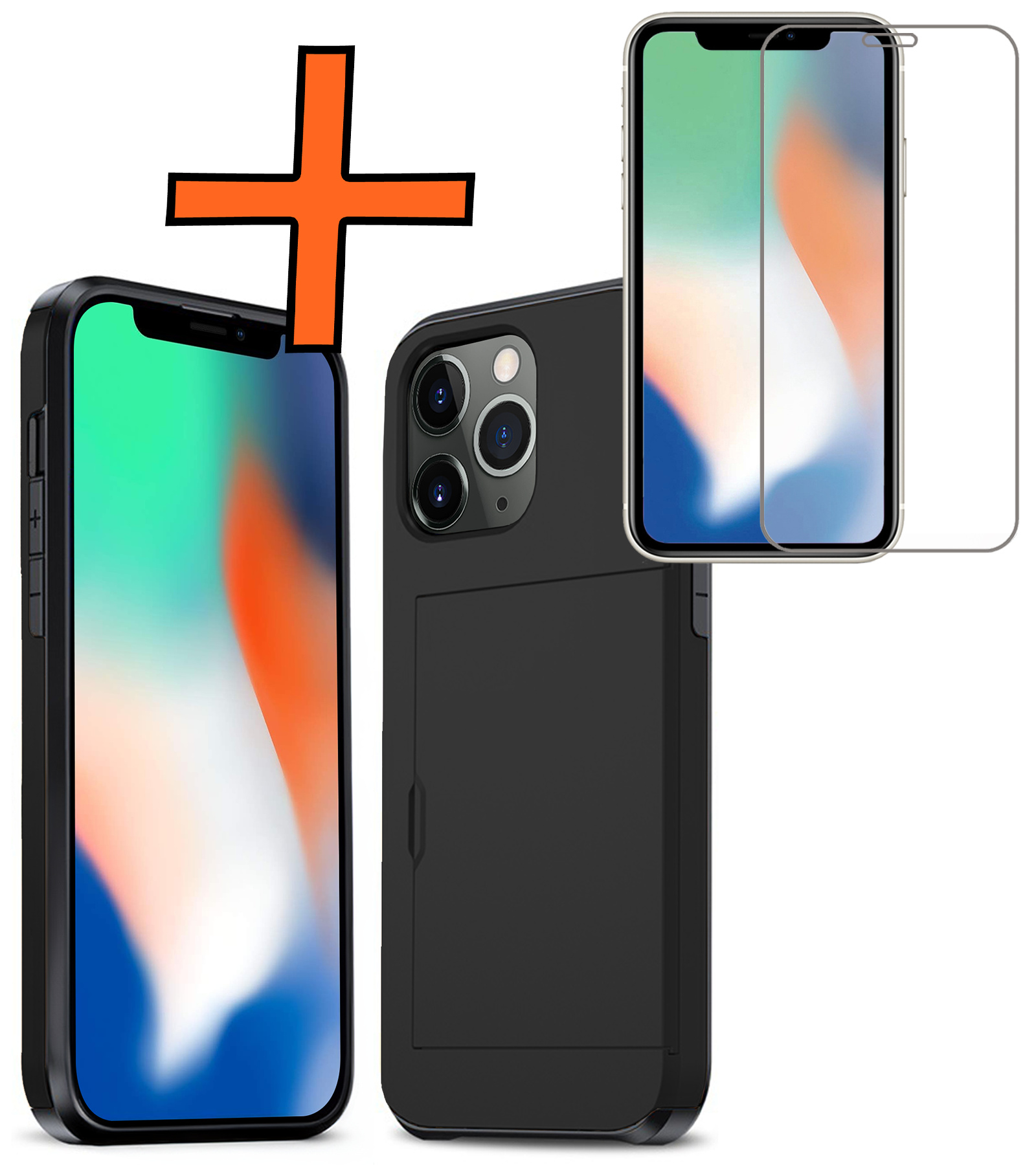 Nomfy Hoesje Geschikt voor iPhone 11 Pro Hoesje Pasjeshouder Shockproof Hard Case Met Screenprotector - Hoesje Geschikt voor iPhone 11 Pro Hoes Met Kaarthouder - Zwart