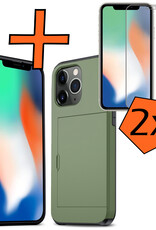 Nomfy Hoesje Geschikt voor iPhone 11 Pro Hoesje Pasjeshouder Shockproof Hard Case Met 2x Screenprotector - Hoesje Geschikt voor iPhone 11 Pro Hoes Met Kaarthouder - Donker Groen