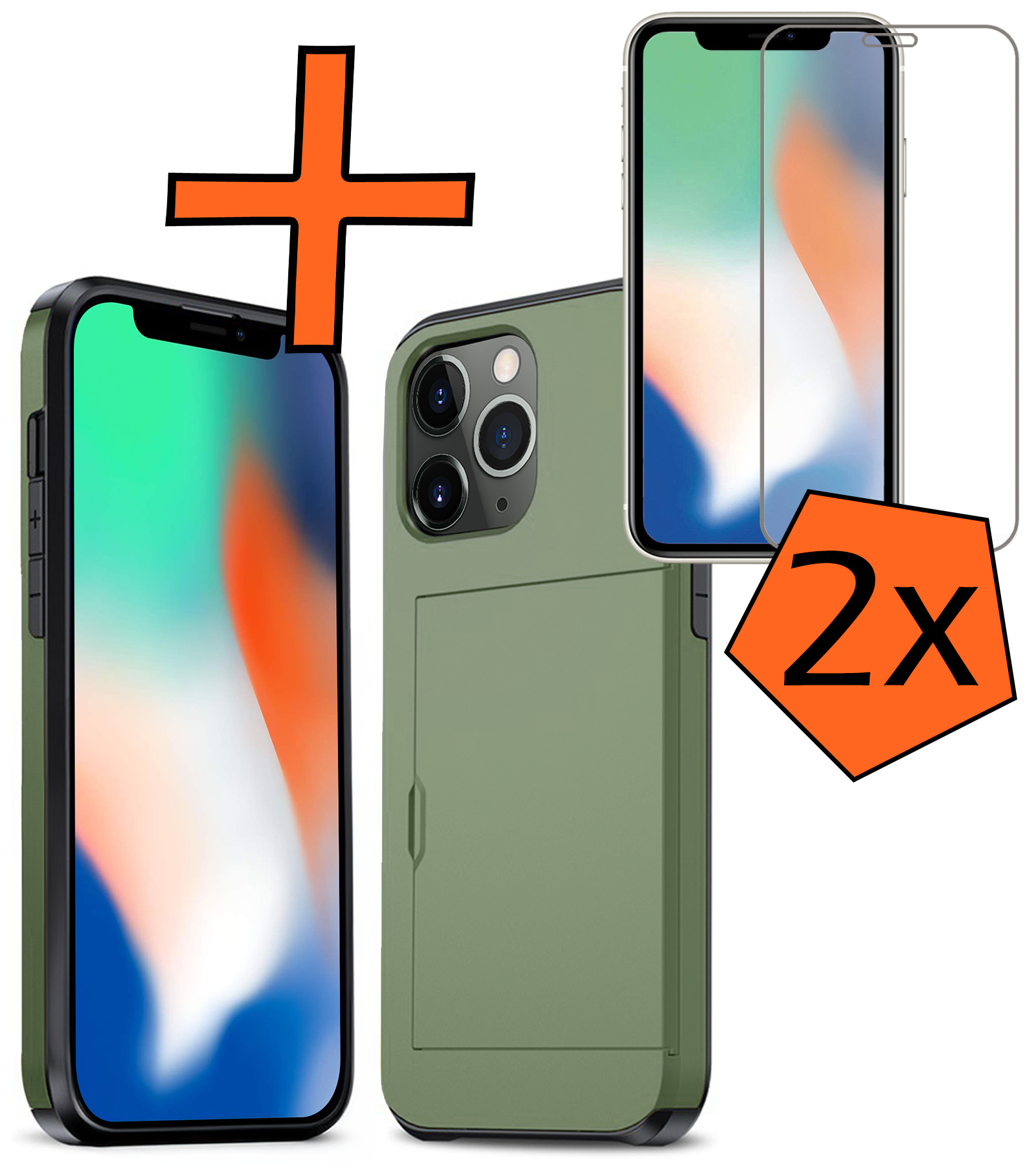Nomfy Hoesje Geschikt voor iPhone 11 Pro Hoesje Pasjeshouder Shockproof Hard Case Met 2x Screenprotector - Hoesje Geschikt voor iPhone 11 Pro Hoes Met Kaarthouder - Donker Groen