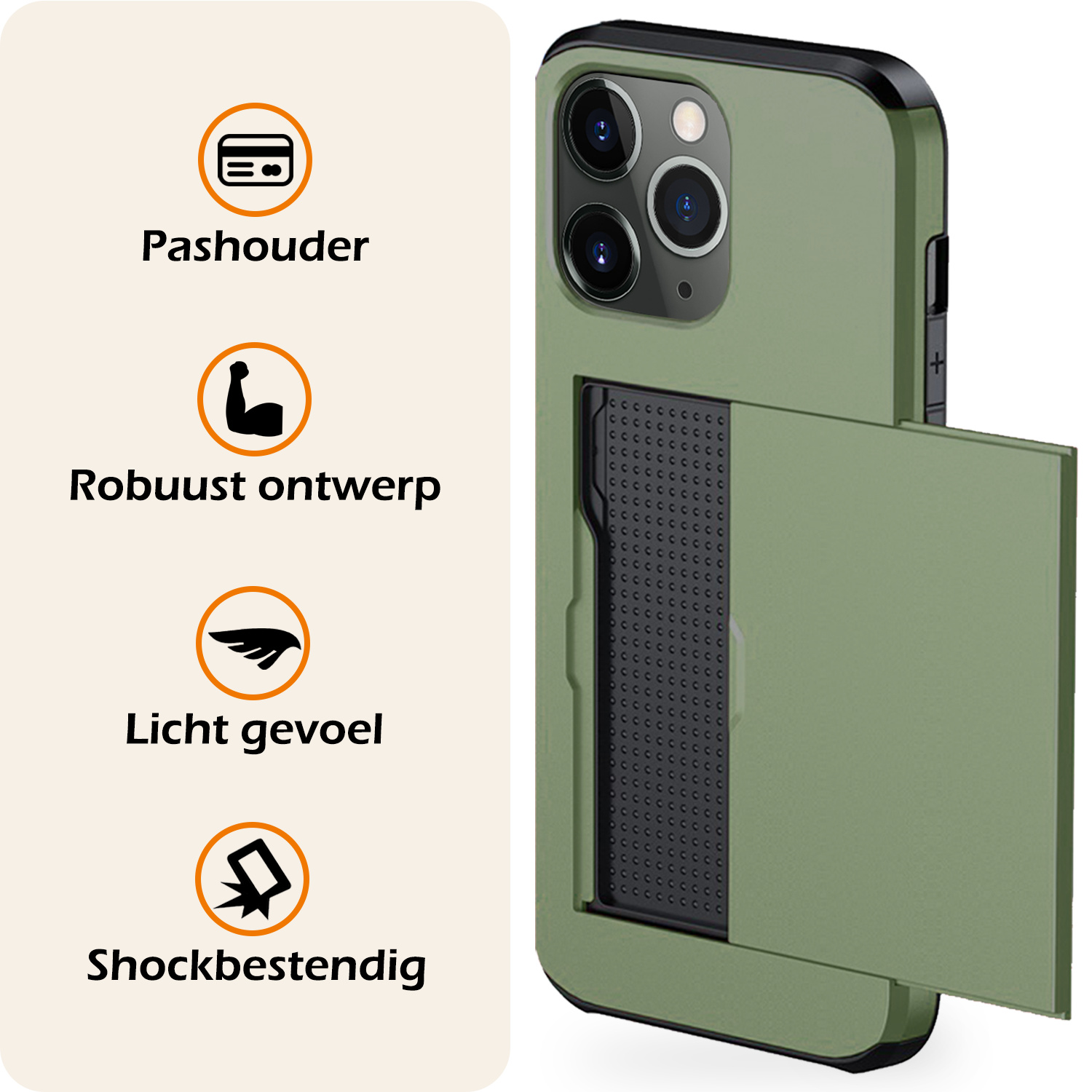 Nomfy Hoesje Geschikt voor iPhone 11 Pro Hoesje Pasjeshouder Shockproof Hard Case Met 2x Screenprotector - Hoesje Geschikt voor iPhone 11 Pro Hoes Met Kaarthouder - Donker Groen