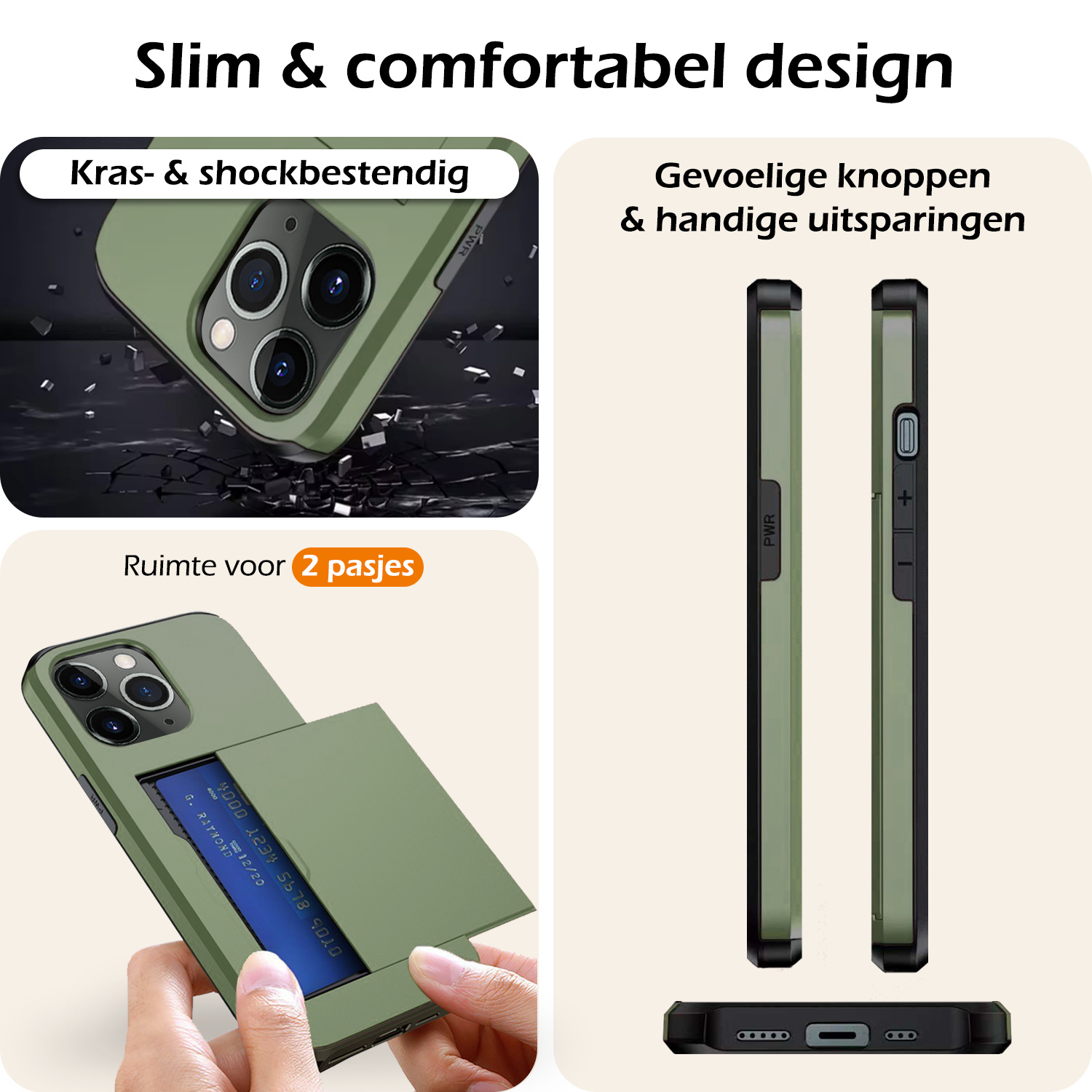 Nomfy Hoesje Geschikt voor iPhone 11 Pro Hoesje Pasjeshouder Shockproof Hard Case Met 2x Screenprotector - Hoesje Geschikt voor iPhone 11 Pro Hoes Met Kaarthouder - Donker Groen