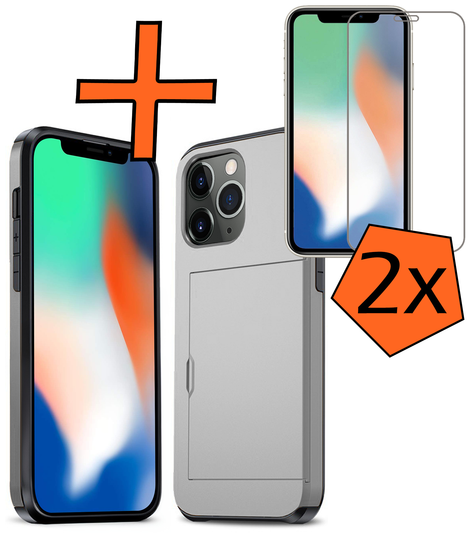 Nomfy Hoesje Geschikt voor iPhone 11 Pro Hoesje Pasjeshouder Shockproof Hard Case Met 2x Screenprotector - Hoesje Geschikt voor iPhone 11 Pro Hoes Met Kaarthouder - Grijs