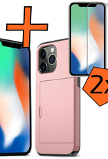 Nomfy Hoesje Geschikt voor iPhone 11 Pro Hoesje Pasjeshouder Shockproof Hard Case Met 2x Screenprotector - Hoesje Geschikt voor iPhone 11 Pro Hoes Met Kaarthouder - Rosé Goud