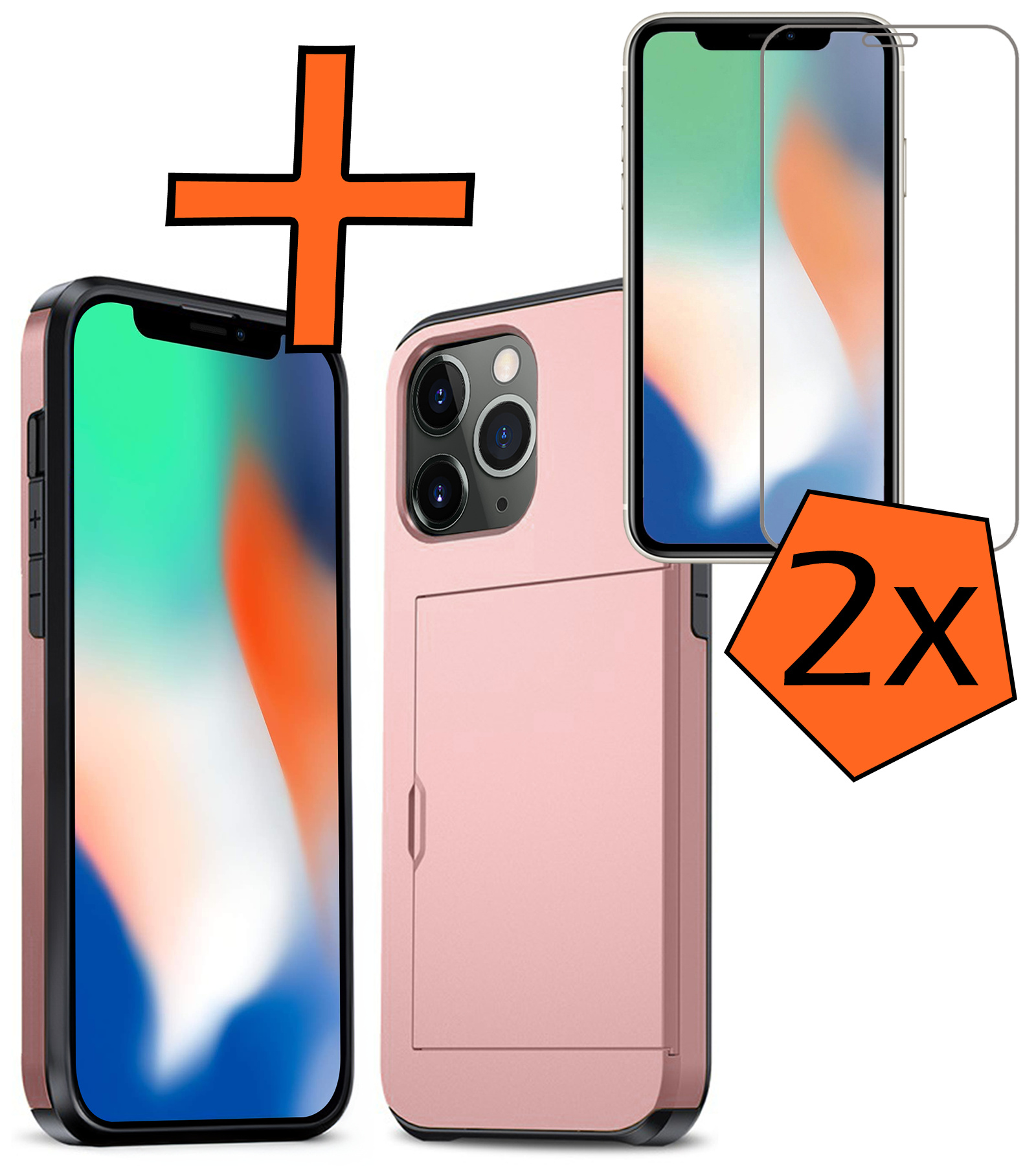 Nomfy Hoesje Geschikt voor iPhone 11 Pro Hoesje Pasjeshouder Shockproof Hard Case Met 2x Screenprotector - Hoesje Geschikt voor iPhone 11 Pro Hoes Met Kaarthouder - Rosé Goud