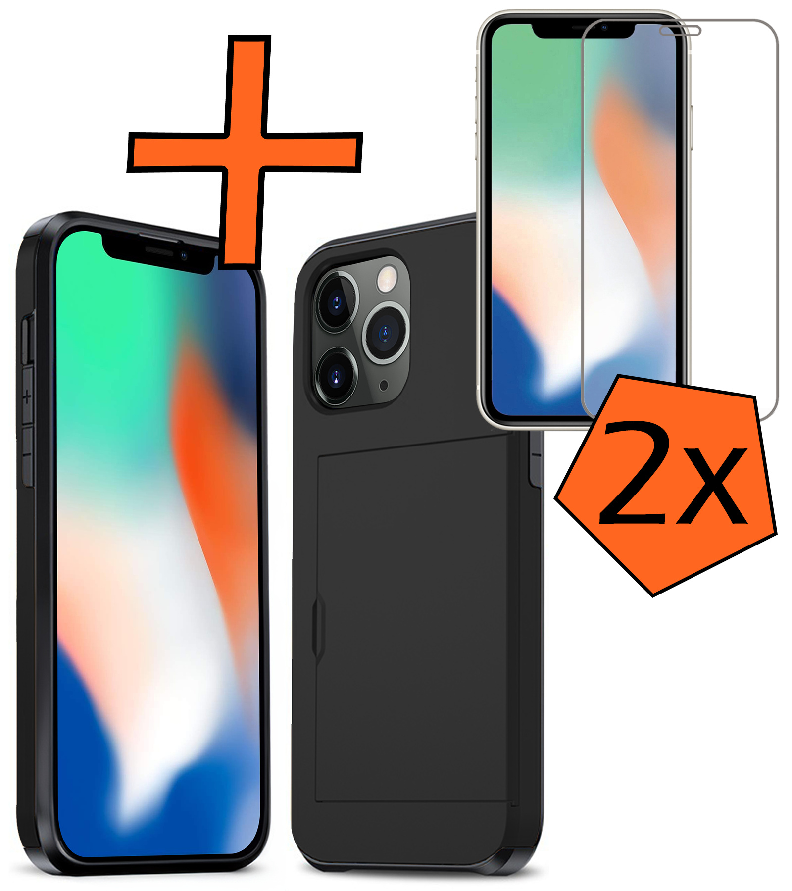 Nomfy Hoesje Geschikt voor iPhone 11 Pro Hoesje Pasjeshouder Shockproof Hard Case Met 2x Screenprotector - Hoesje Geschikt voor iPhone 11 Pro Hoes Met Kaarthouder - Zwart