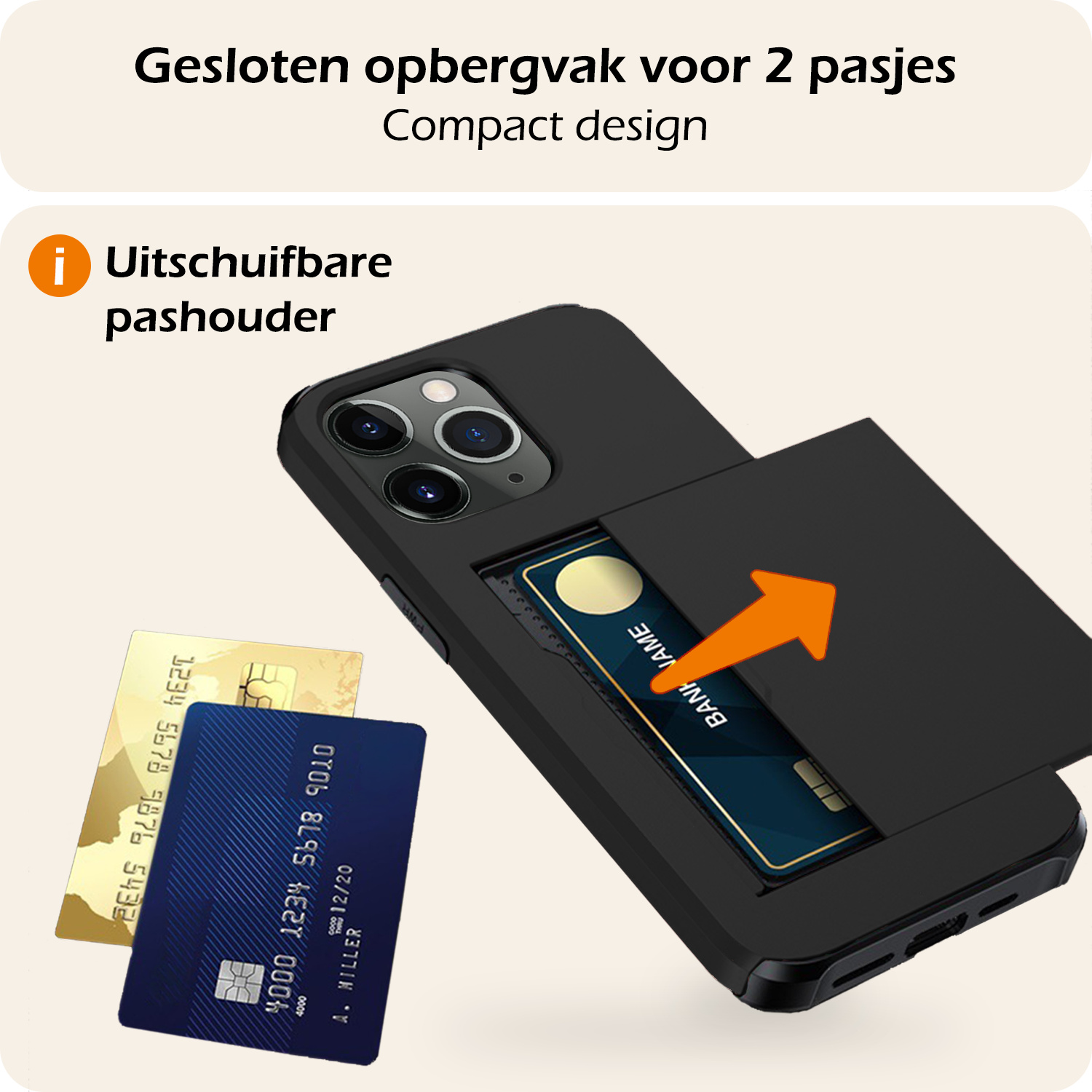 Nomfy Hoesje Geschikt voor iPhone 11 Pro Hoesje Pasjeshouder Shockproof Hard Case Met 2x Screenprotector - Hoesje Geschikt voor iPhone 11 Pro Hoes Met Kaarthouder - Zwart