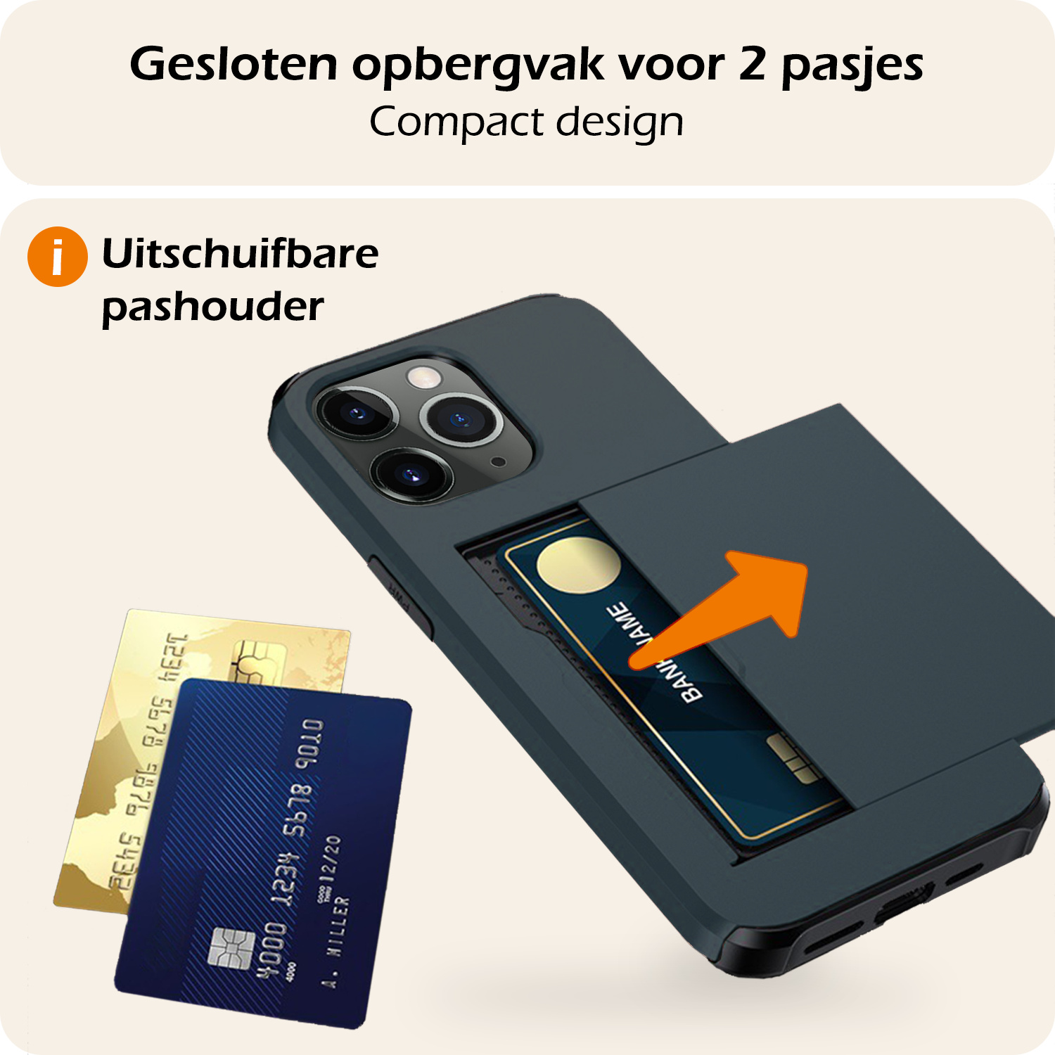 Nomfy Hoesje Geschikt voor iPhone 11 Pro Max Hoesje Pasjeshouder Shockproof Hard Case - Hoesje Geschikt voor iPhone 11 Pro Max Hoes Met Kaarthouder - Donker Blauw