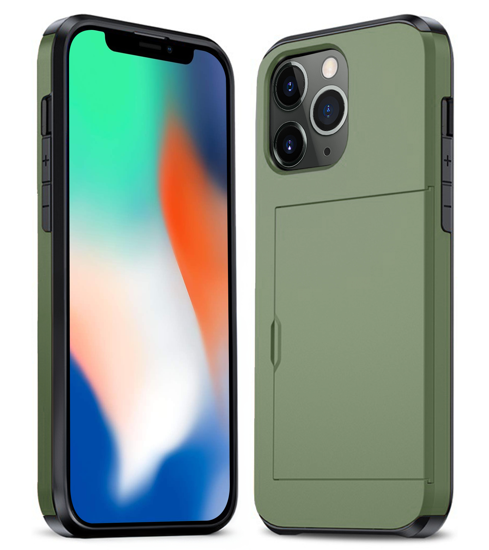 Nomfy Hoesje Geschikt voor iPhone 11 Pro Max Hoesje Pasjeshouder Shockproof Hard Case - Hoesje Geschikt voor iPhone 11 Pro Max Hoes Met Kaarthouder - Donker Groen