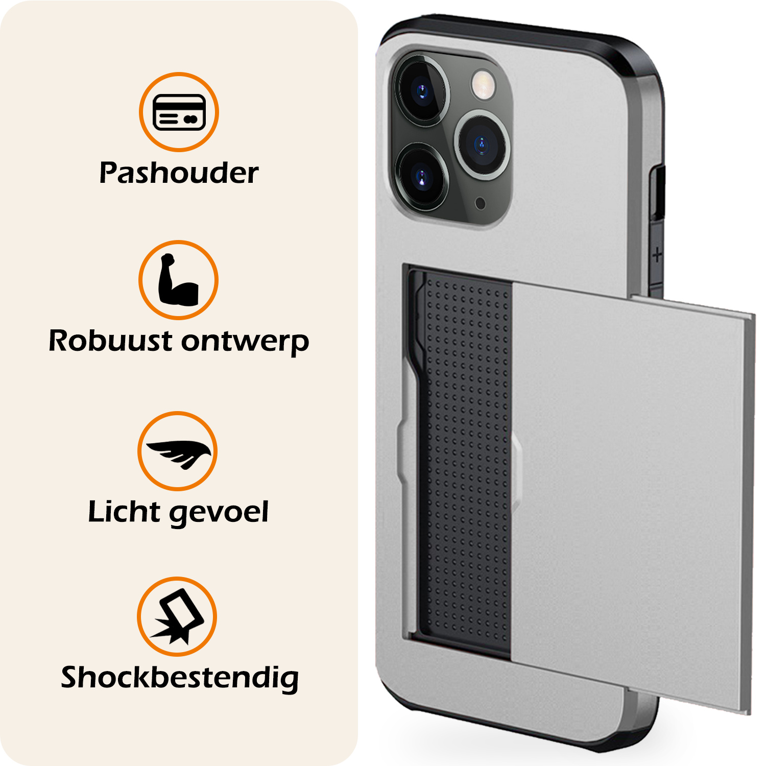 Nomfy Hoesje Geschikt voor iPhone 11 Pro Max Hoesje Pasjeshouder Shockproof Hard Case - Hoesje Geschikt voor iPhone 11 Pro Max Hoes Met Kaarthouder - Grijs