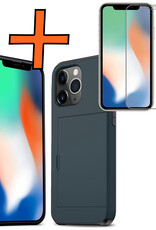 Nomfy Hoesje Geschikt voor iPhone 11 Pro Max Hoesje Pasjeshouder Shockproof Hard Case Met Screenprotector - Hoesje Geschikt voor iPhone 11 Pro Max Hoes Met Kaarthouder - Donker Blauw