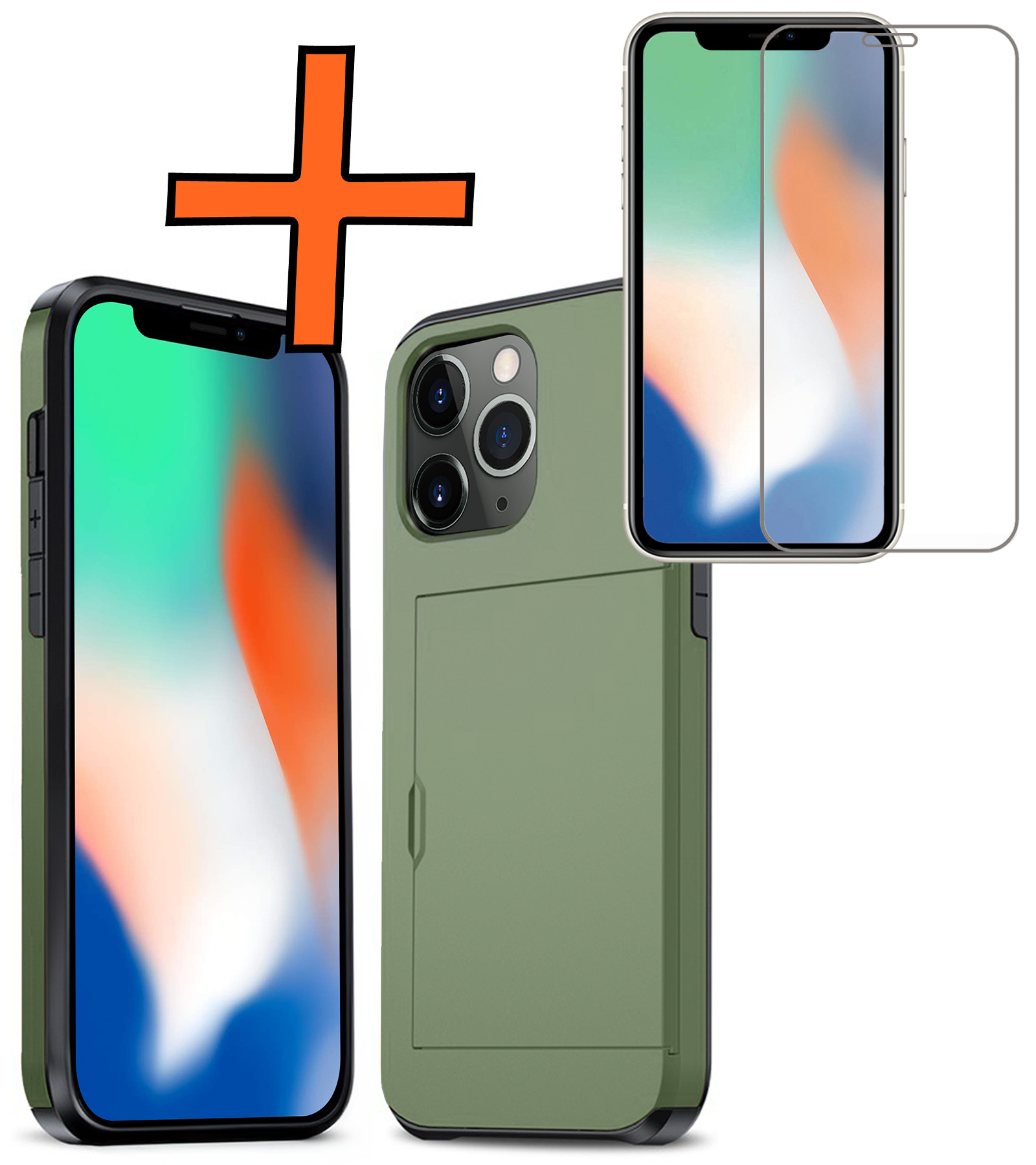 Nomfy Hoesje Geschikt voor iPhone 11 Pro Max Hoesje Pasjeshouder Shockproof Hard Case Met Screenprotector - Hoesje Geschikt voor iPhone 11 Pro Max Hoes Met Kaarthouder - Donker Groen