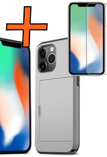 Nomfy Hoesje Geschikt voor iPhone 11 Pro Max Hoesje Pasjeshouder Shockproof Hard Case Met Screenprotector - Hoesje Geschikt voor iPhone 11 Pro Max Hoes Met Kaarthouder - Grijs